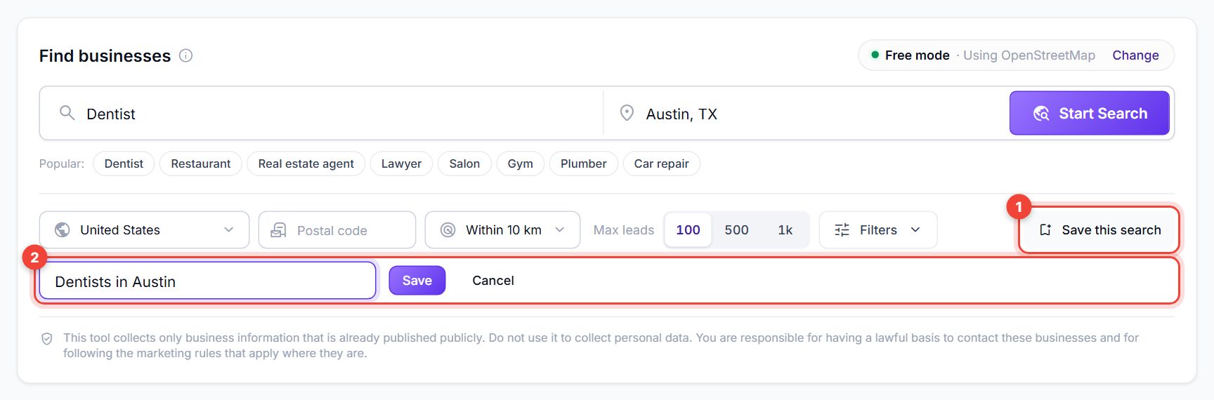 Save this search clicked and the name field filled with Dentists in Austin