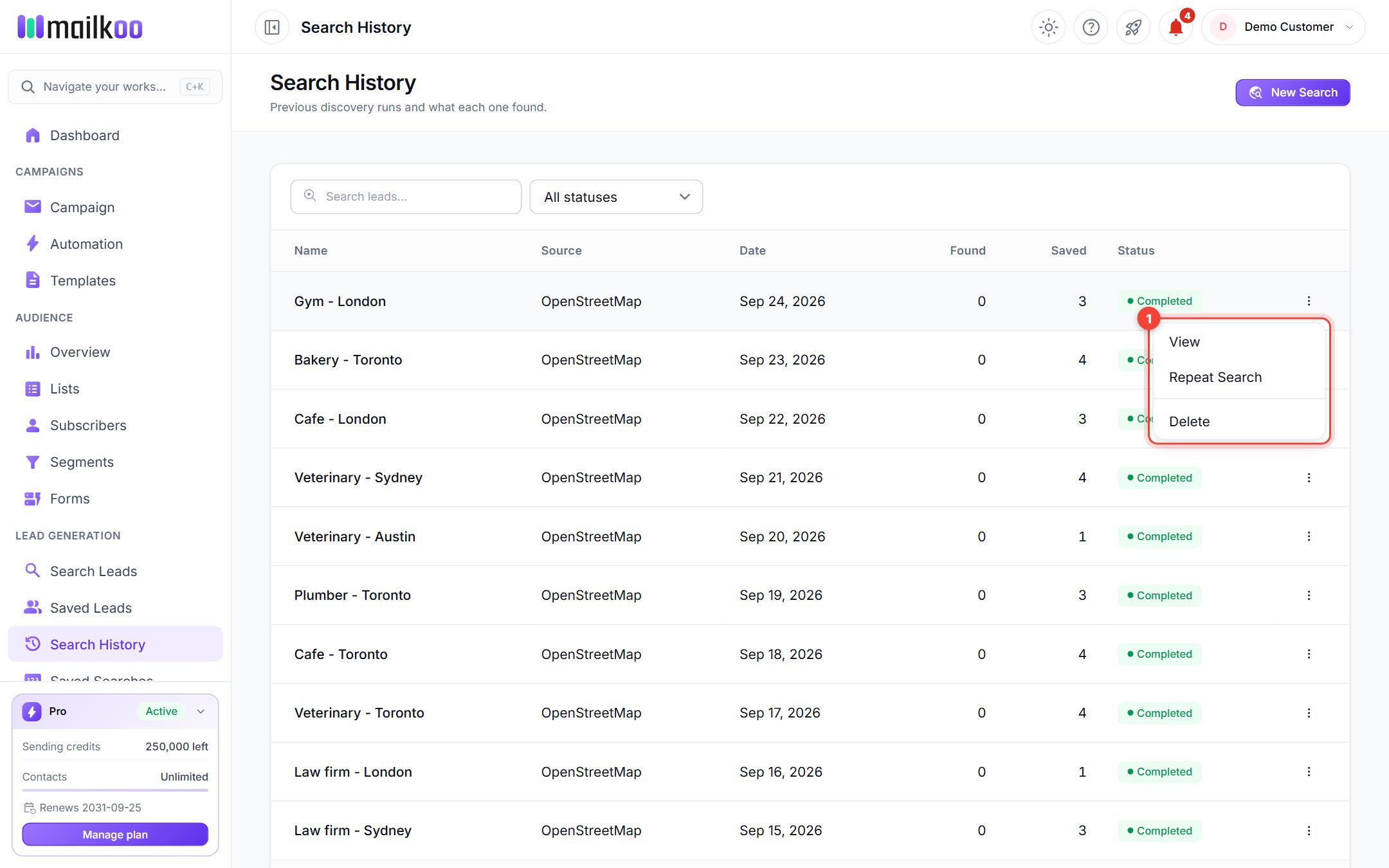Search History with the row menu open showing View, Repeat Search and Delete