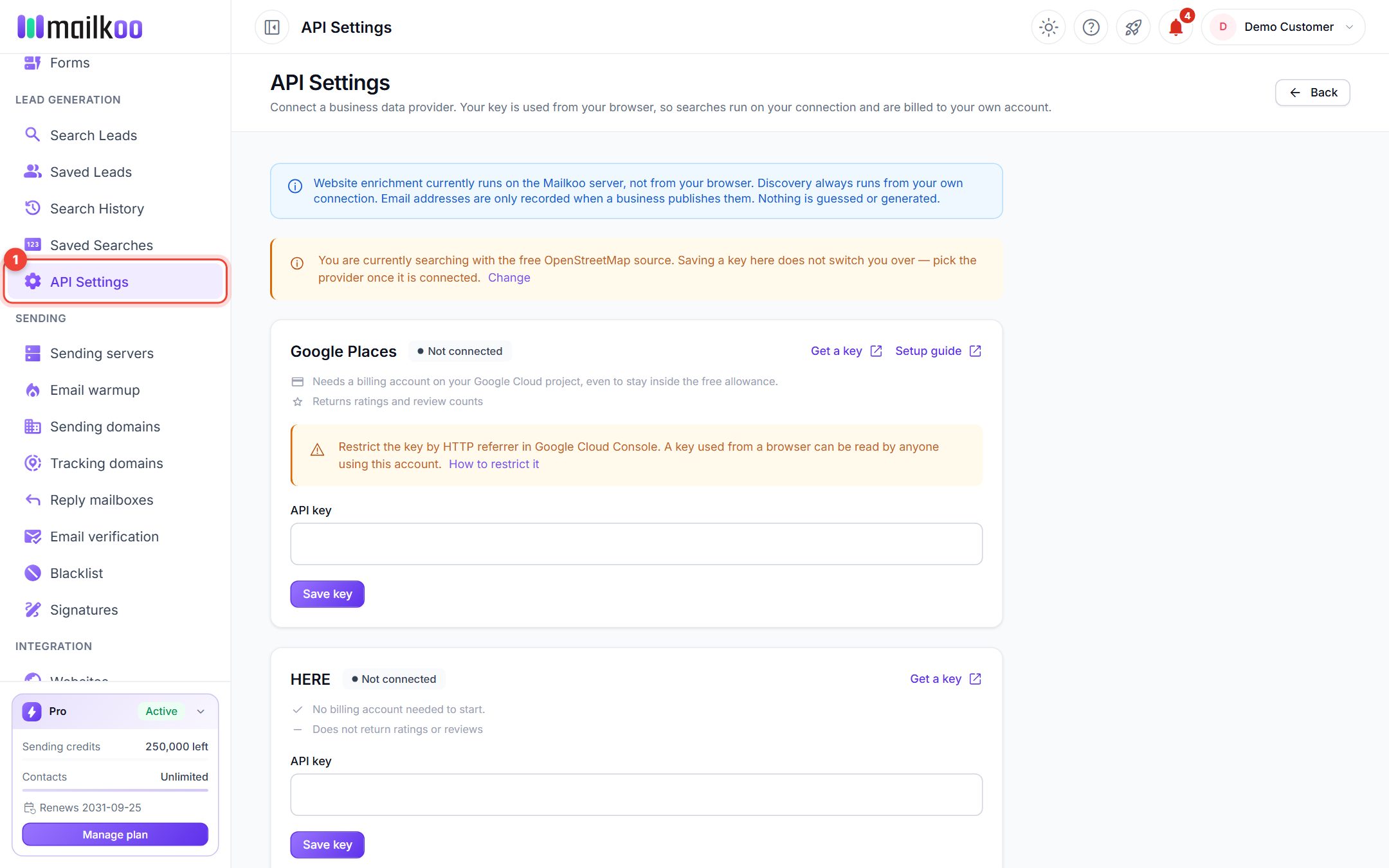 API Settings page with provider cards for Google Places and HERE