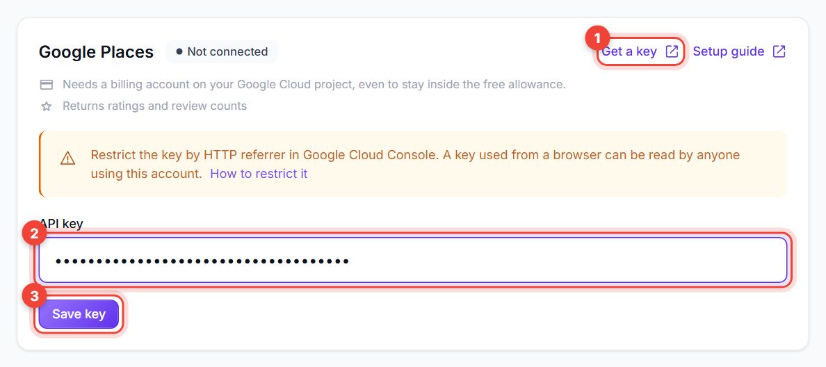 Google Places card with Get a key, the API key field and Save key numbered