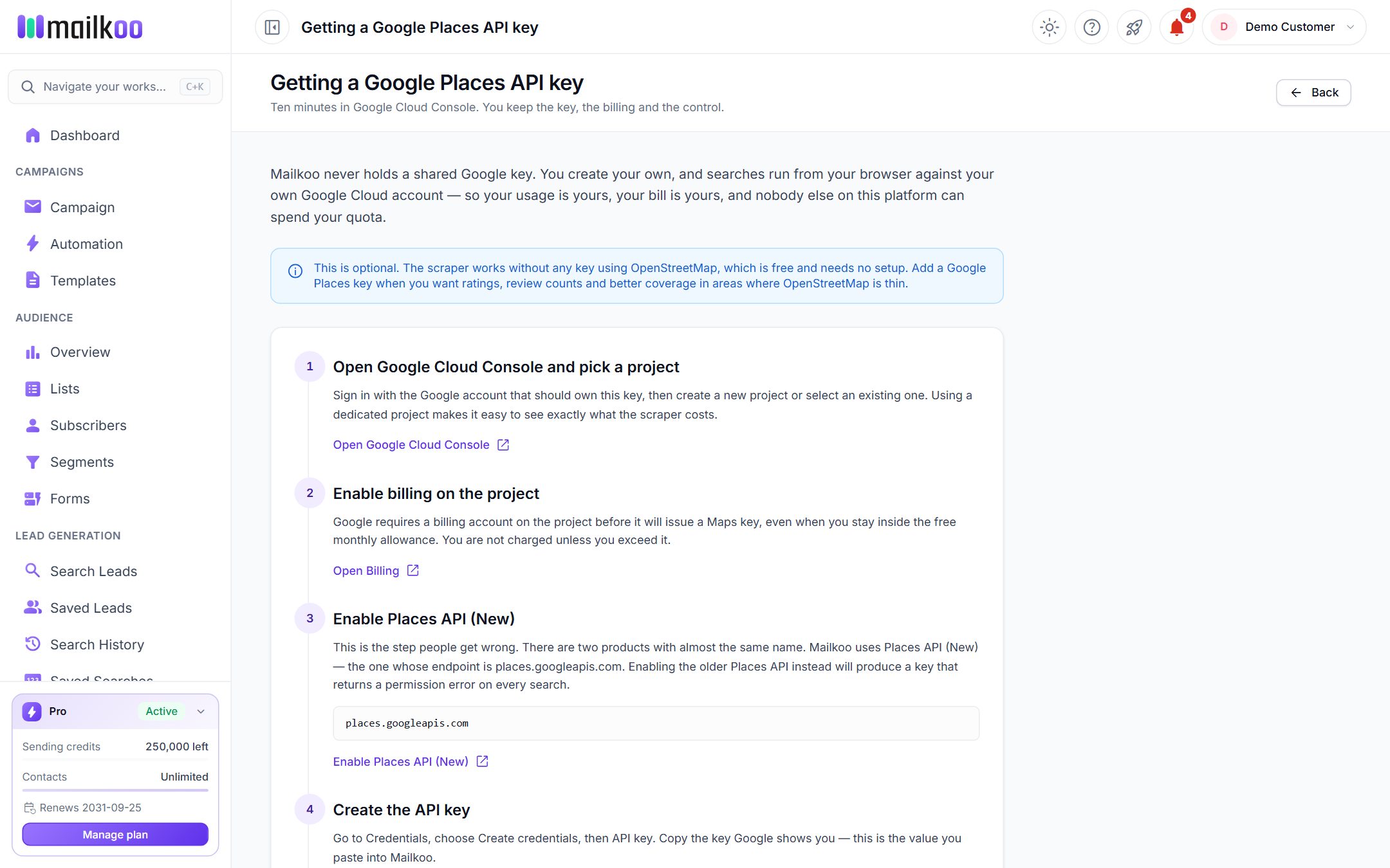 Getting a Google Places API key guide page