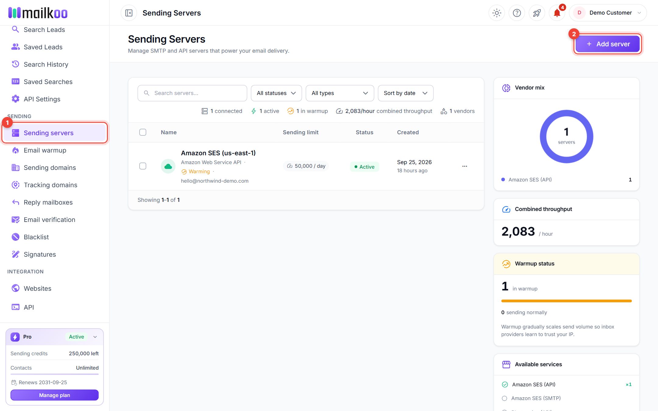 Sending Servers page with the sidebar item and the Add server button ringed