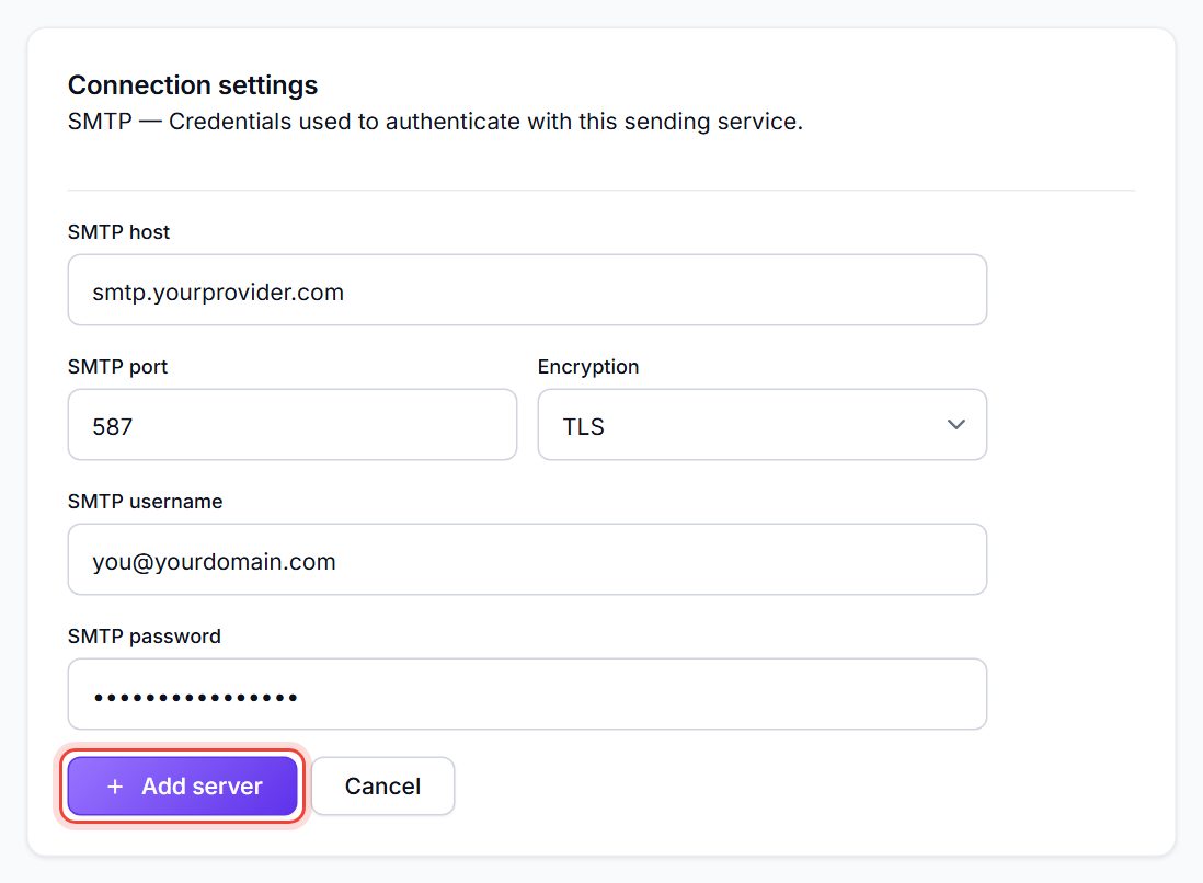 Connection settings form for an SMTP server, filled in, with Add server ringed