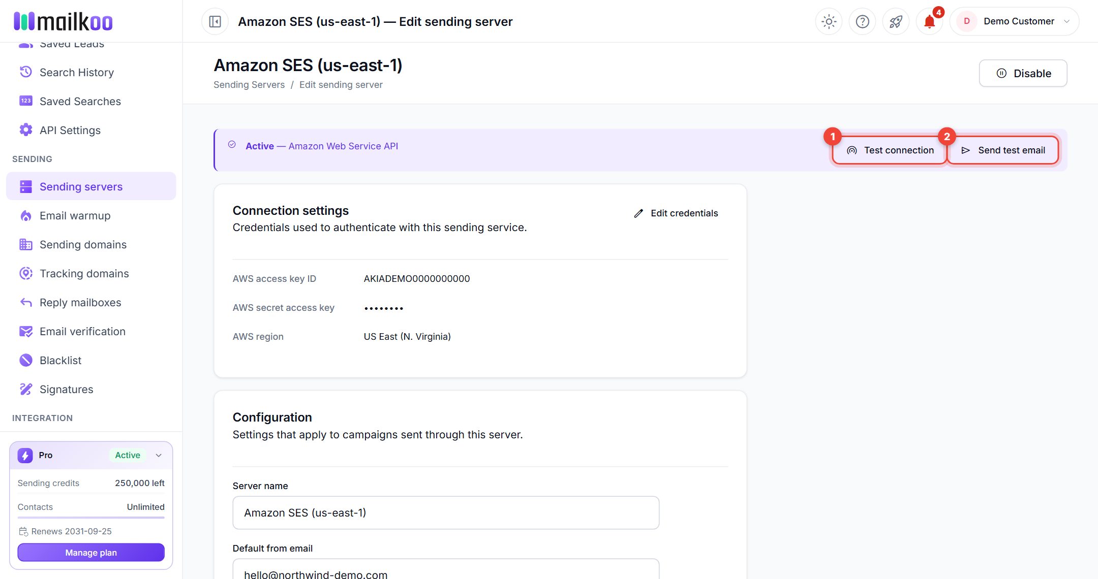 Edit sending server page with Test connection and Send test email ringed