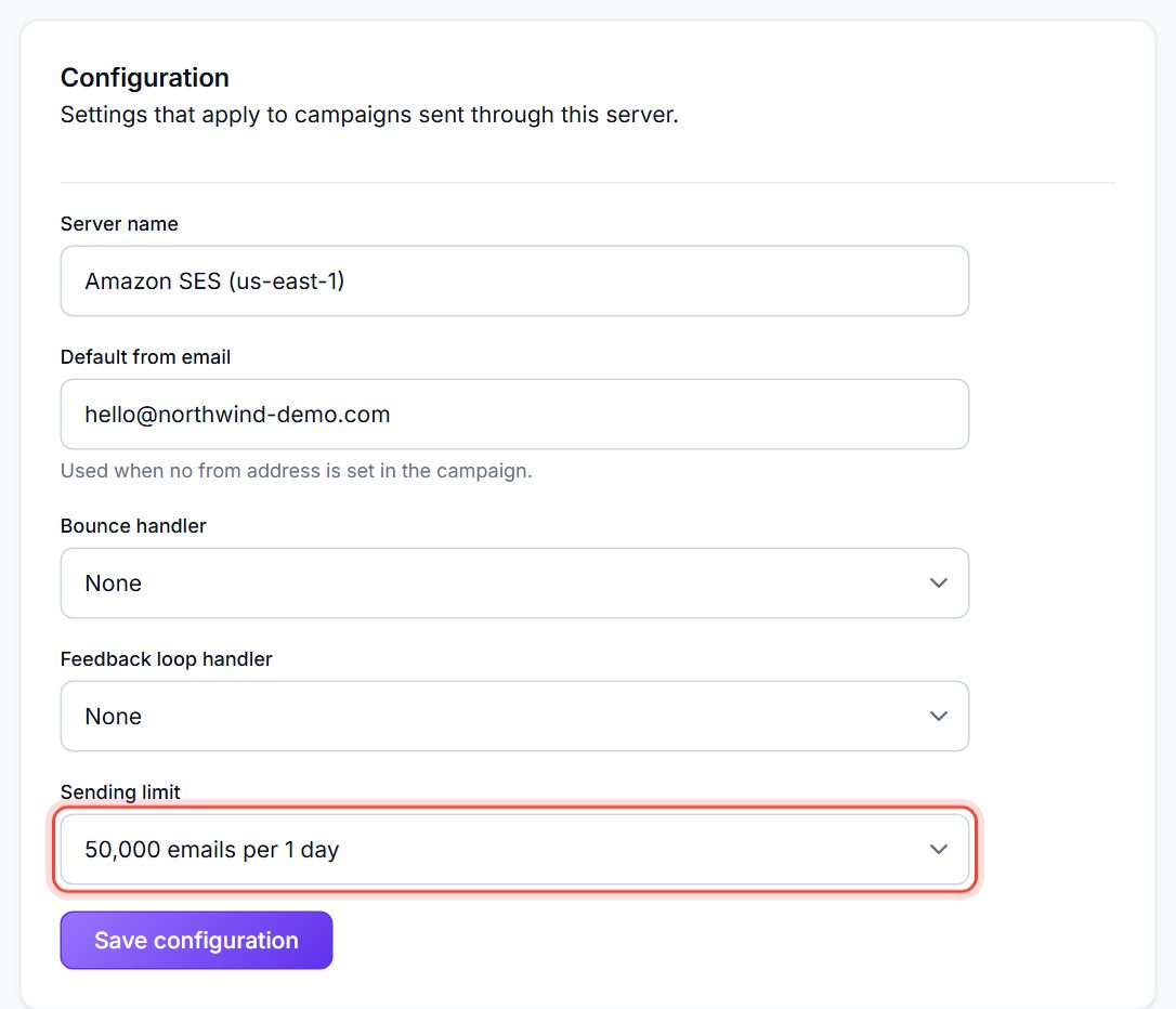 Configuration card with the Sending limit menu ringed