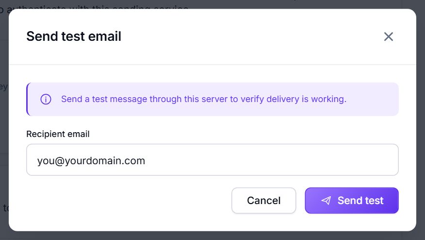 Send test email dialog with a recipient address filled in