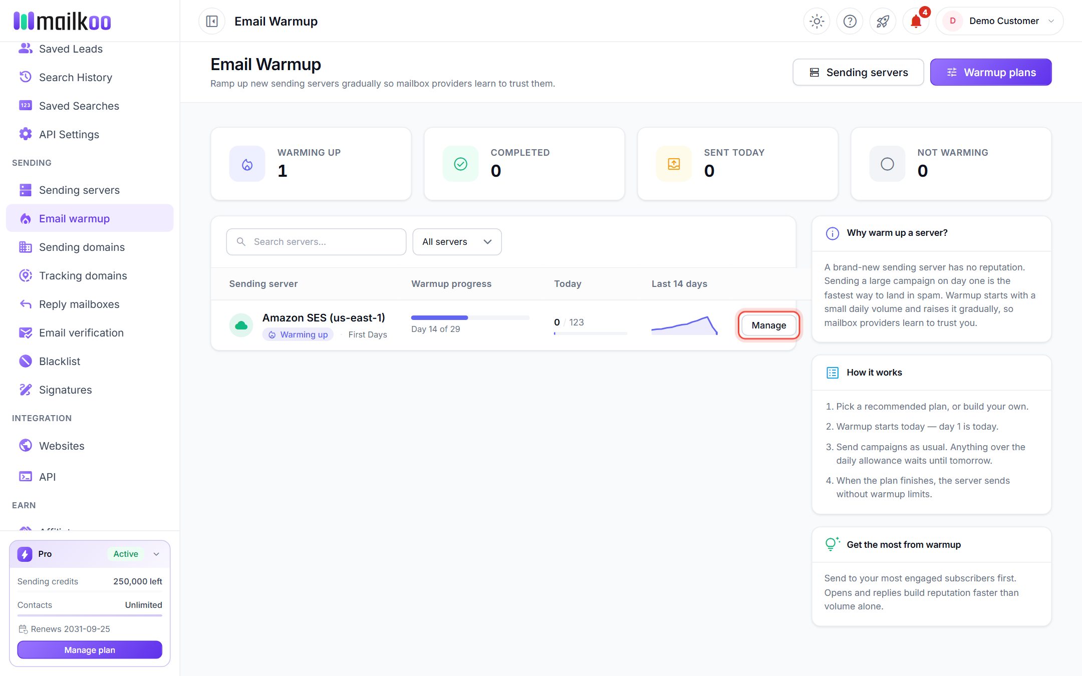 Email Warmup page listing a server that is warming up, with Manage ringed