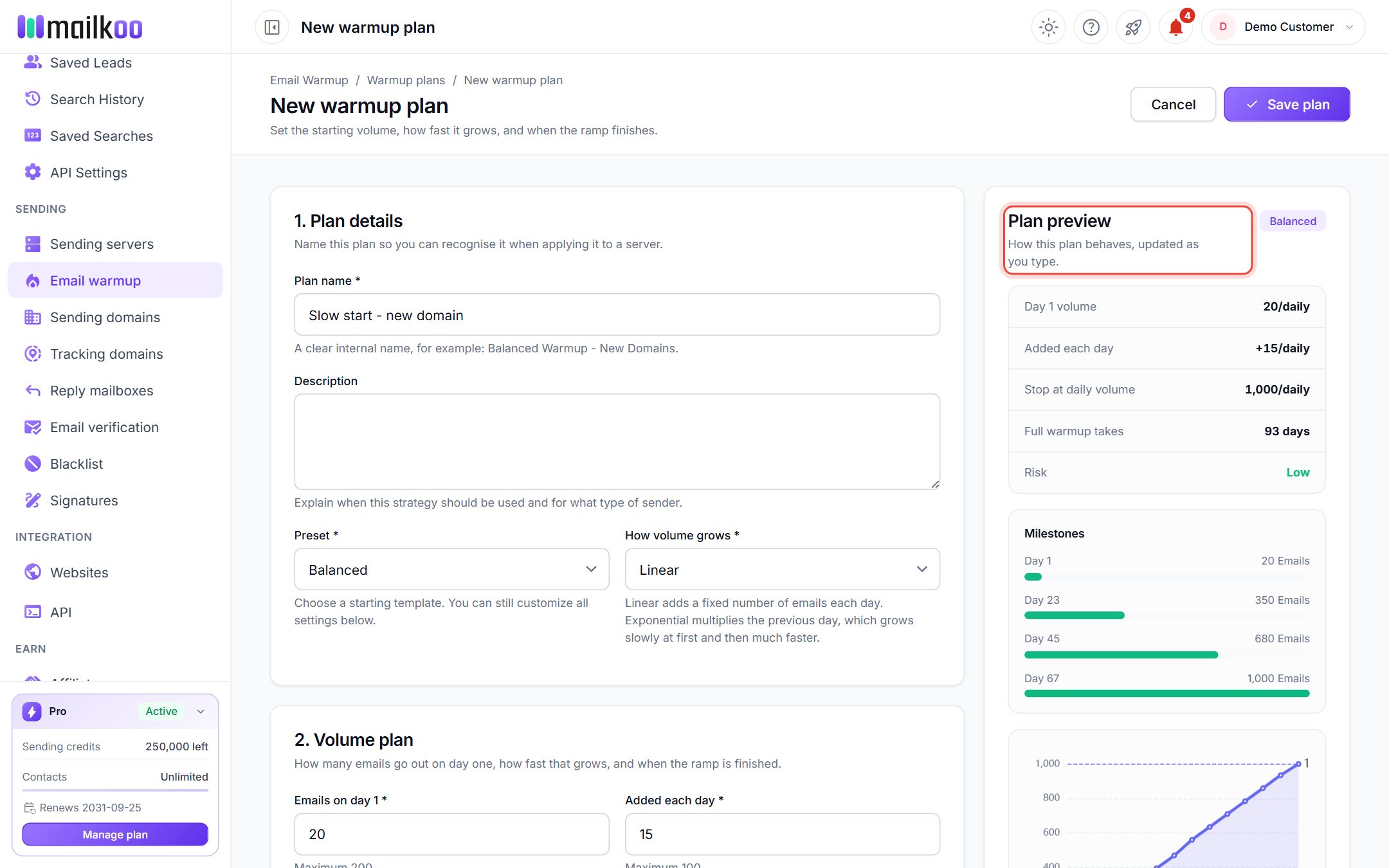 New warmup plan form with the live Plan preview ringed