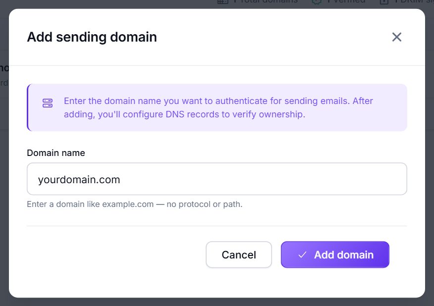 Add sending domain dialog with a domain name typed in