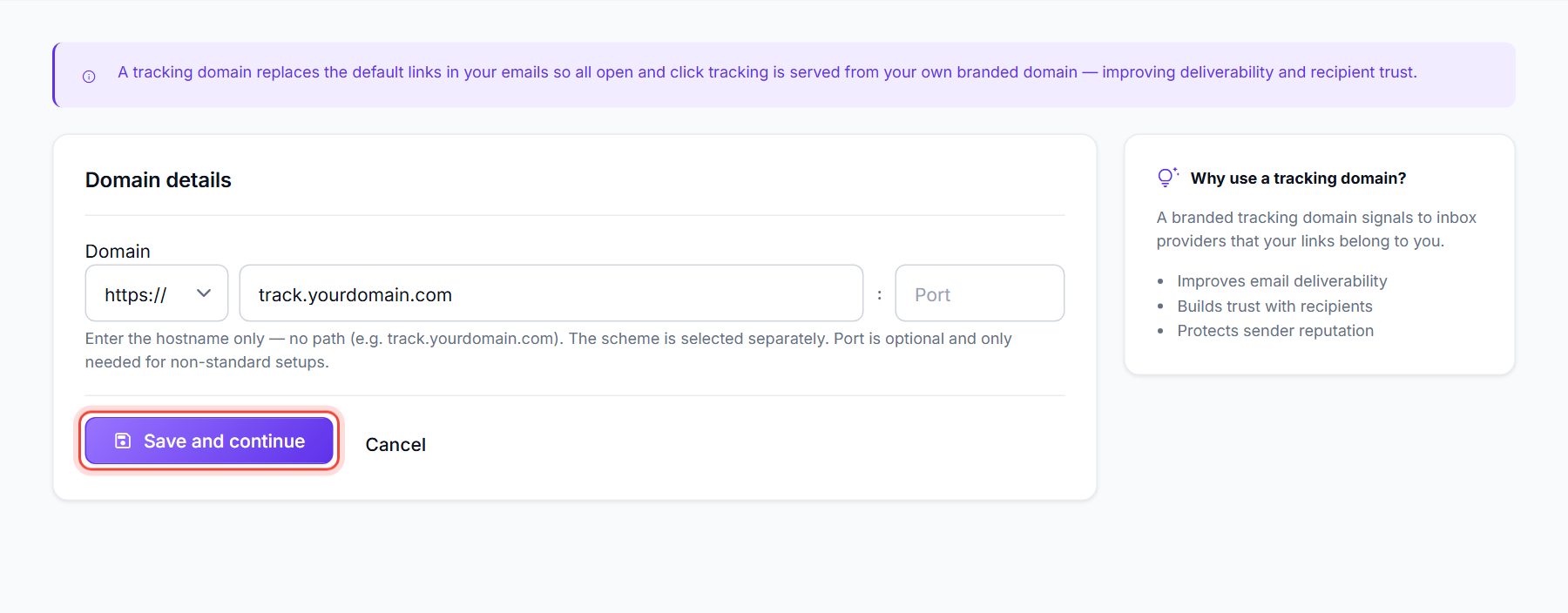 Add Tracking Domain form with track.yourdomain.com entered and Save and continue ringed