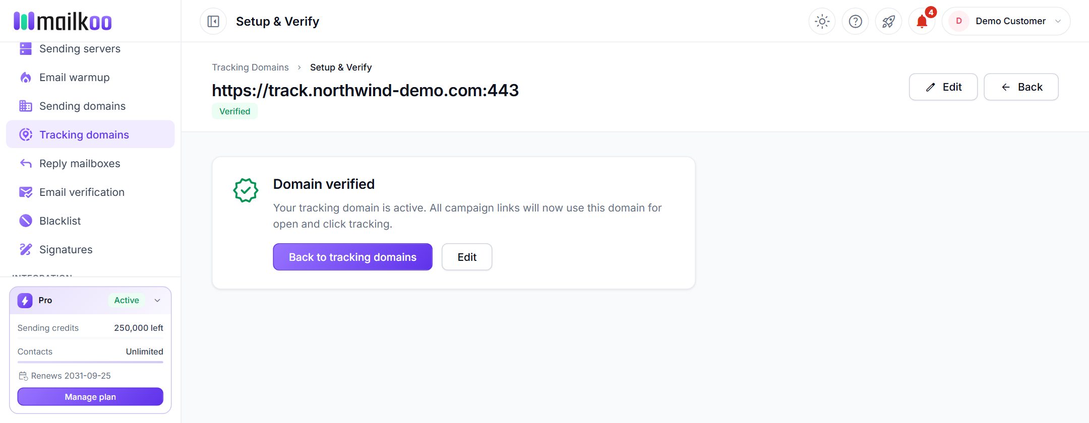 Setup & Verify page showing Domain verified for a tracking domain