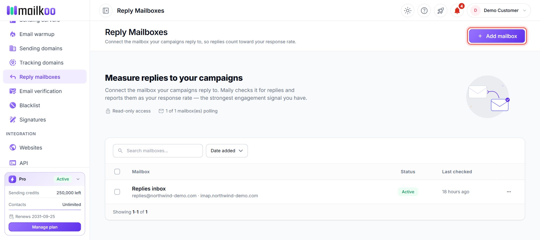 Reply Mailboxes page with one active mailbox and the Add mailbox button ringed