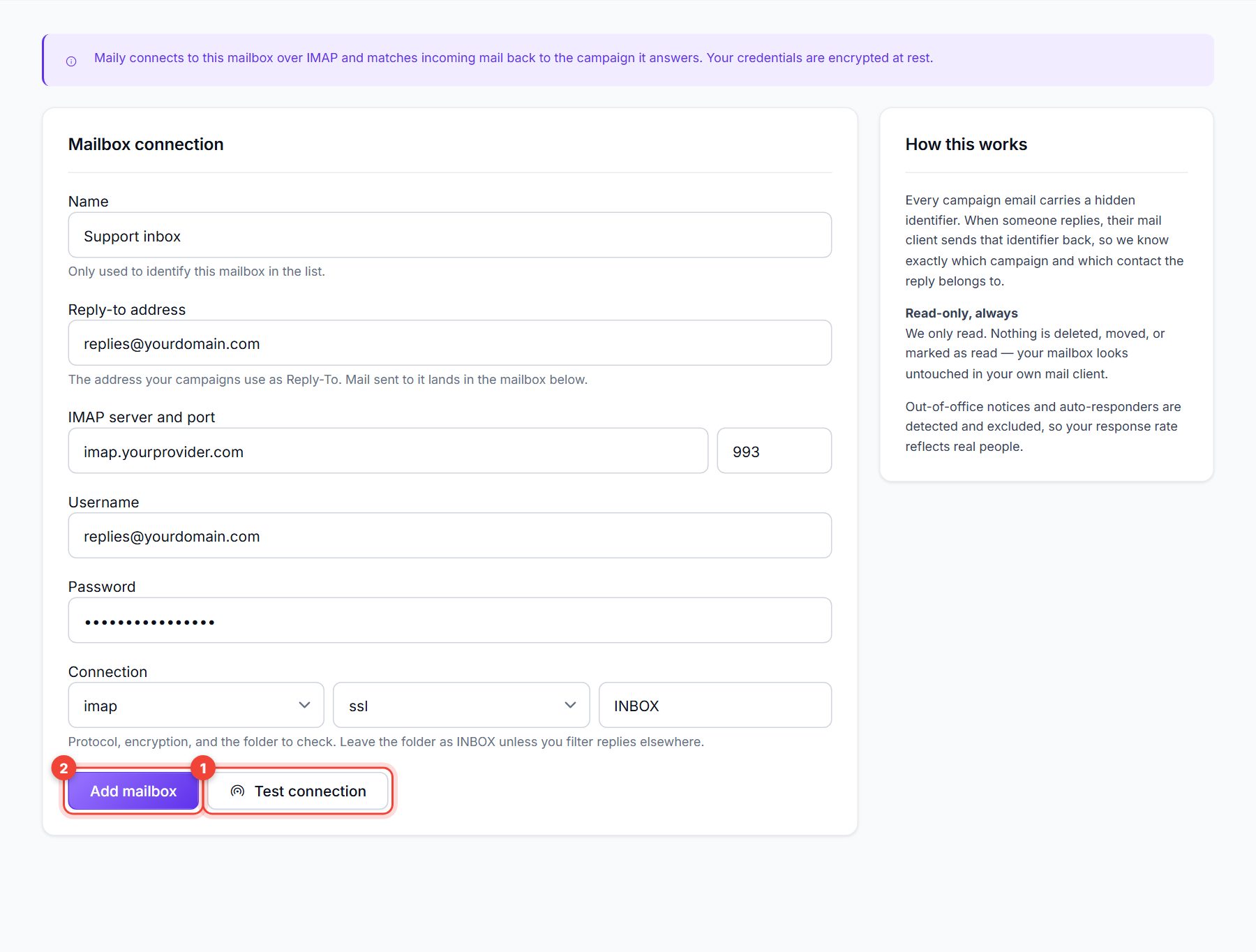 Add reply mailbox form filled in, with Test connection and Add mailbox ringed