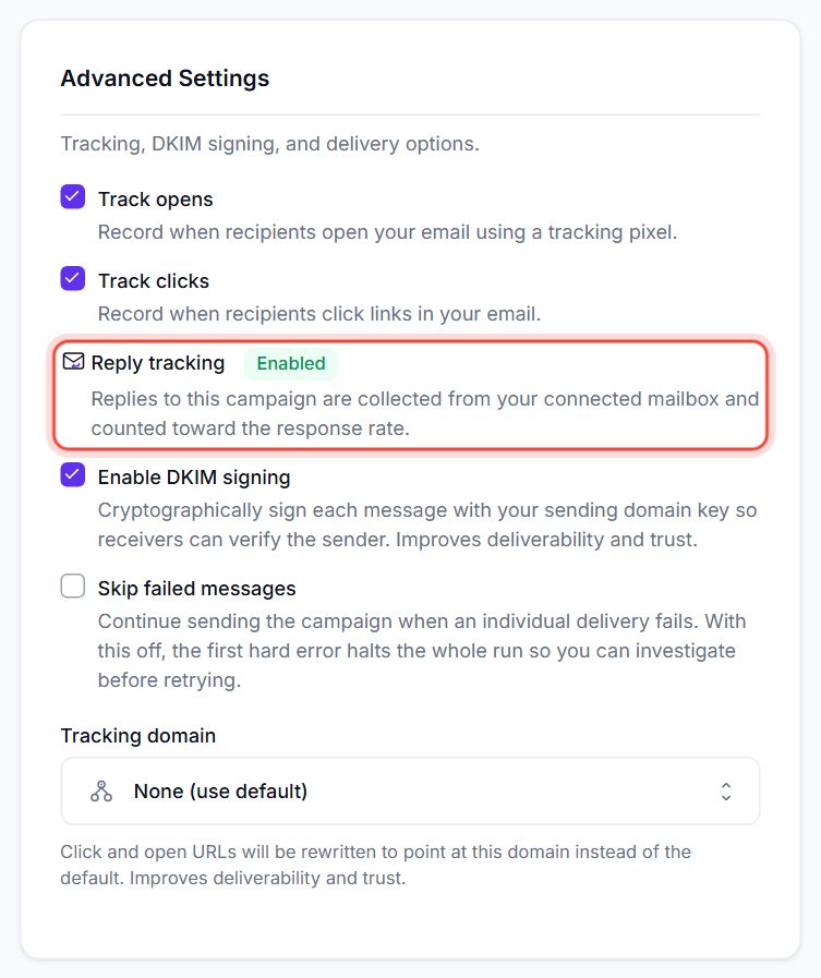 Advanced Settings in campaign setup with Reply tracking Enabled ringed