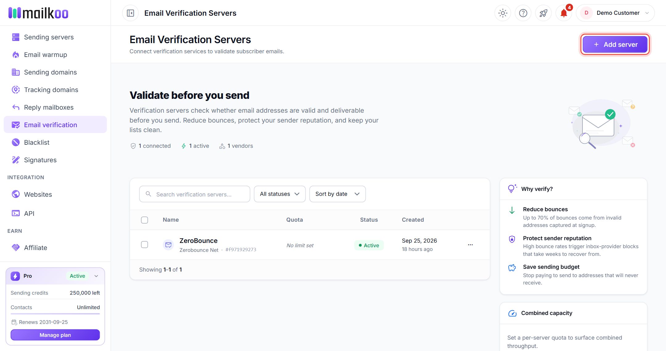 Email Verification Servers page with the Add server button ringed