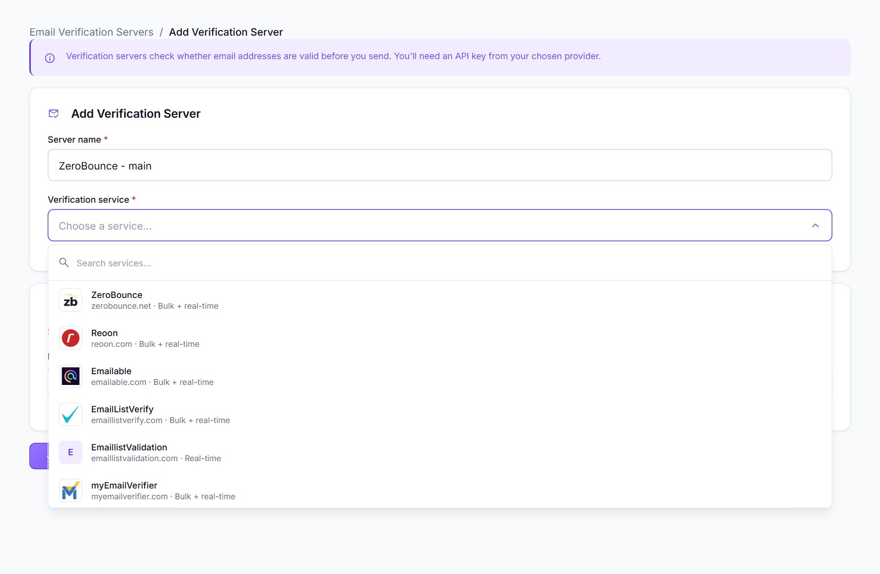 Add Verification Server form with the Verification service list open