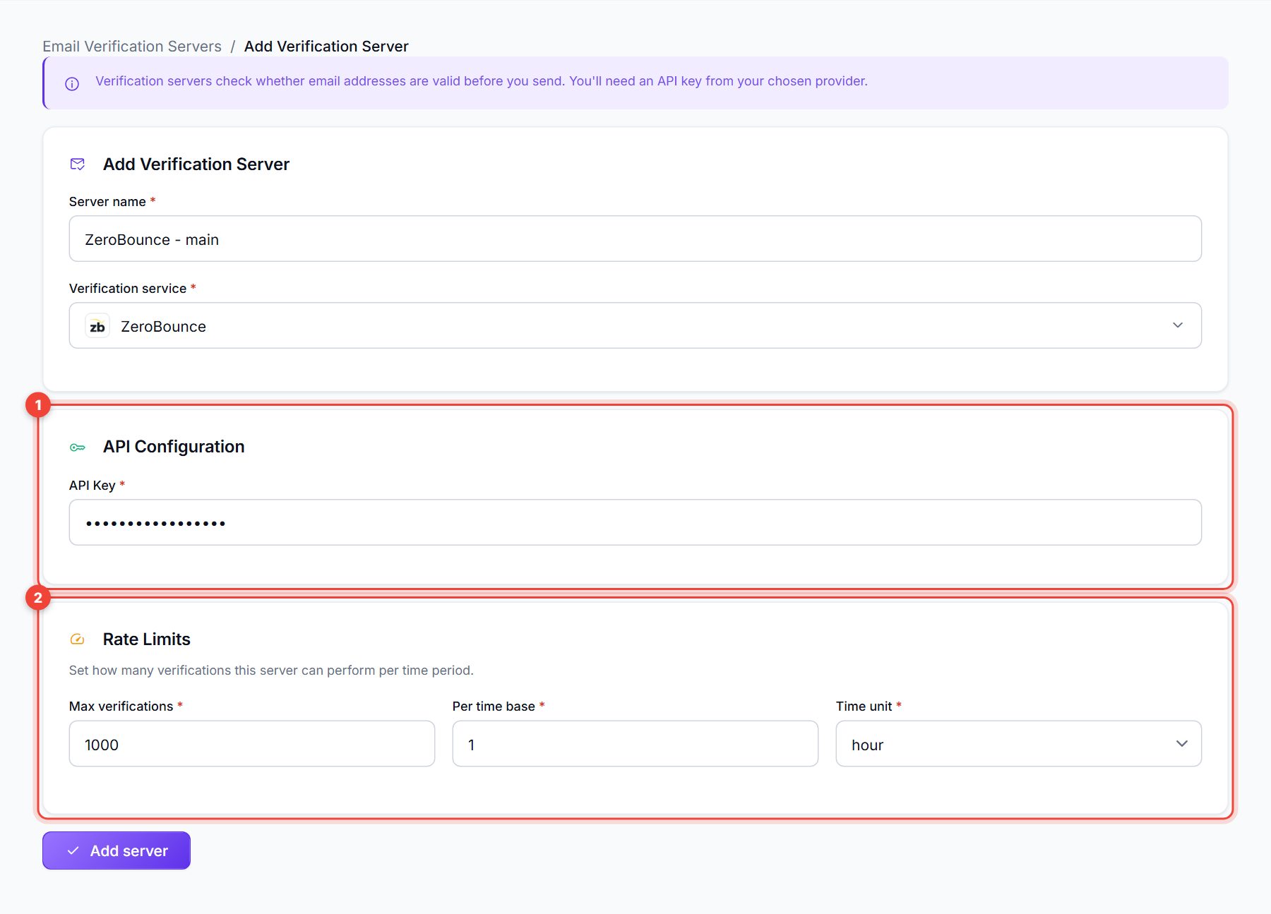 Verification server form with the API Configuration and Rate Limits cards numbered