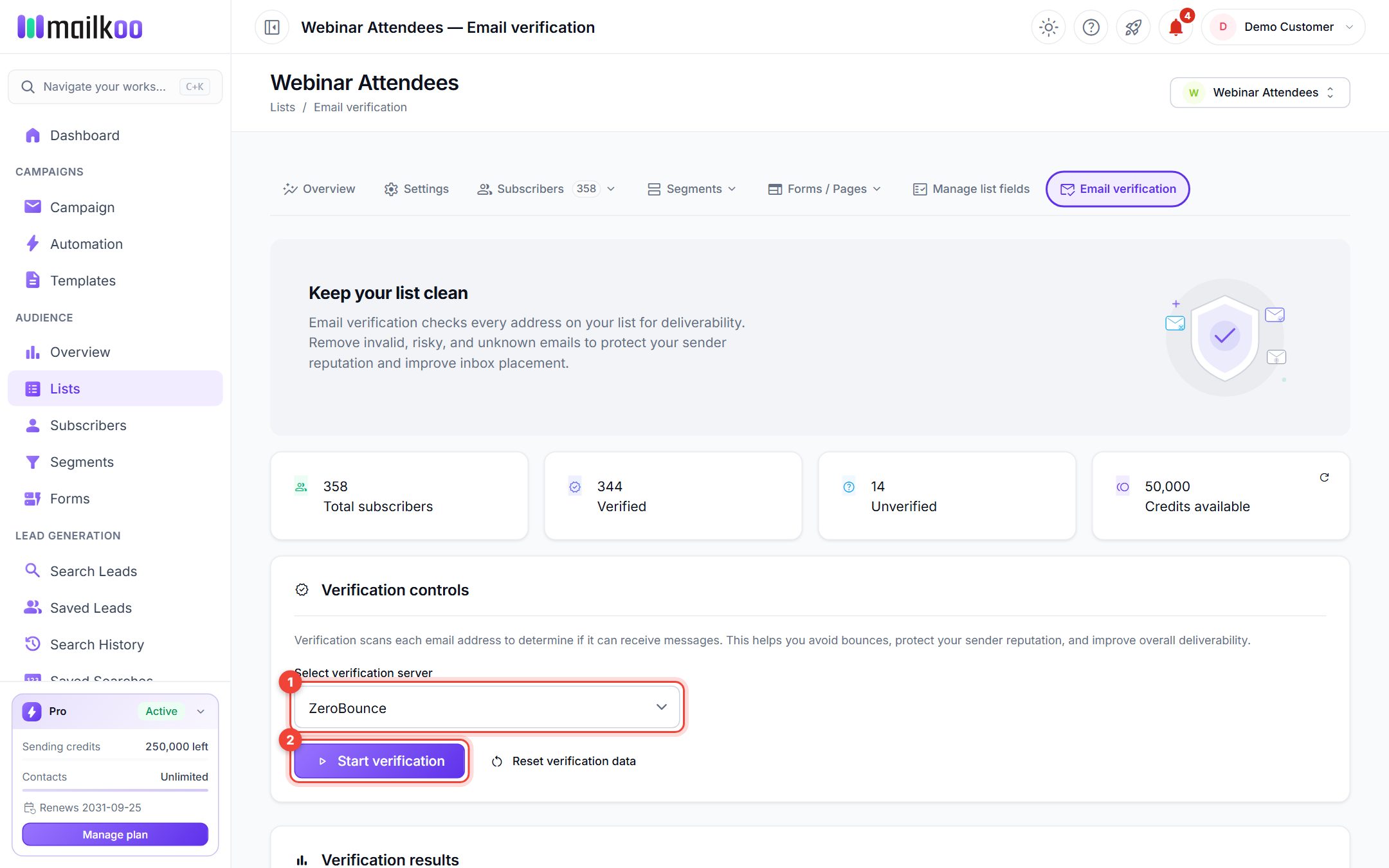 Email verification tab of a list with the server menu and Start verification ringed