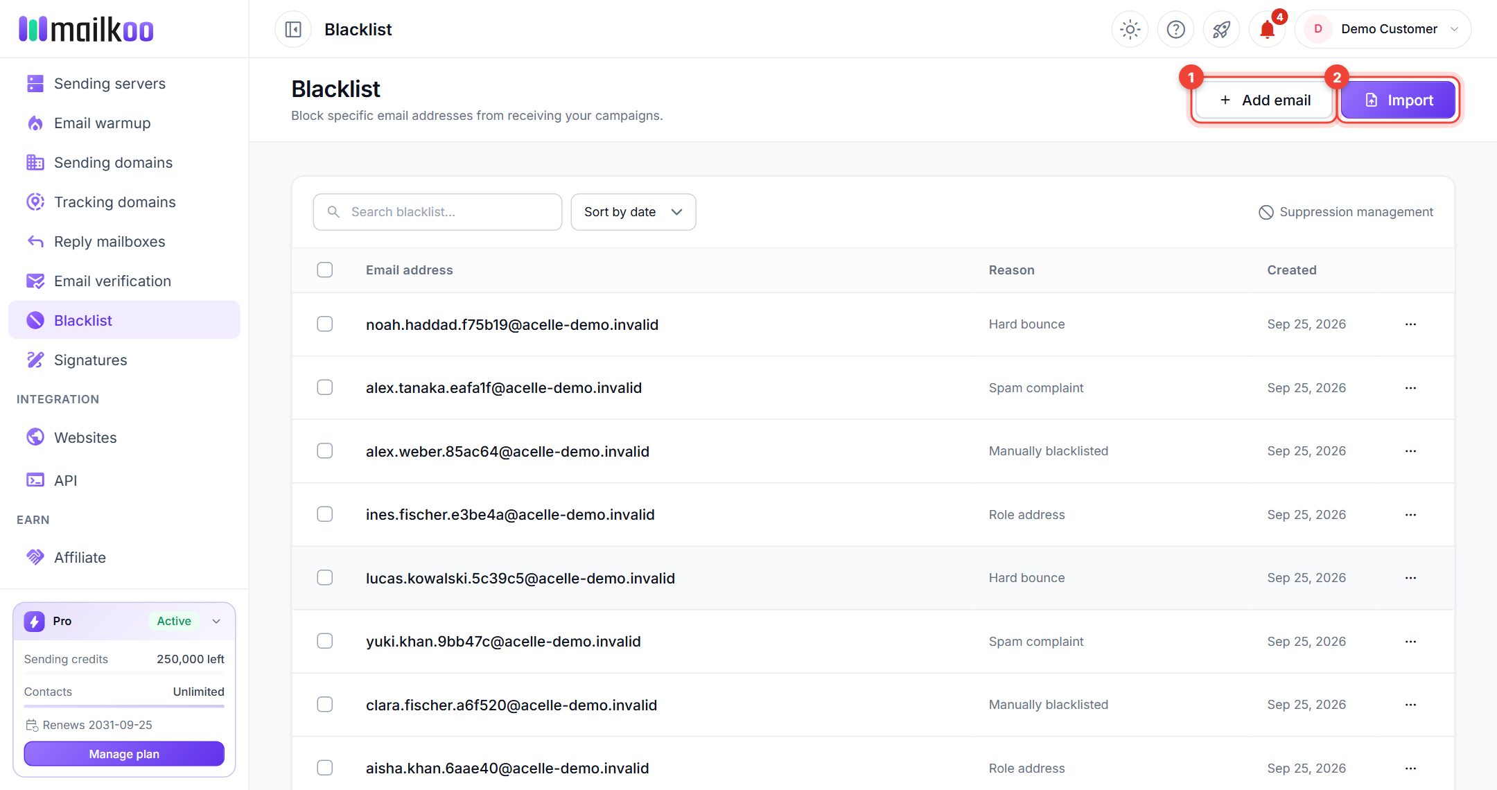 Blacklist page with the Add email and Import buttons numbered