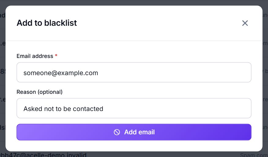 Add to blacklist dialog with an email address and reason filled in