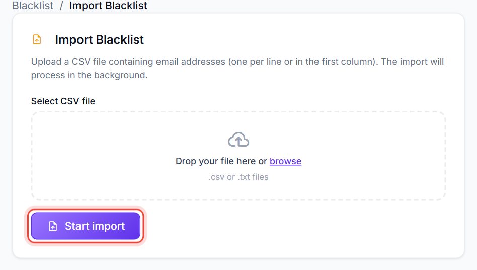 Import Blacklist card with the file drop area and Start import ringed