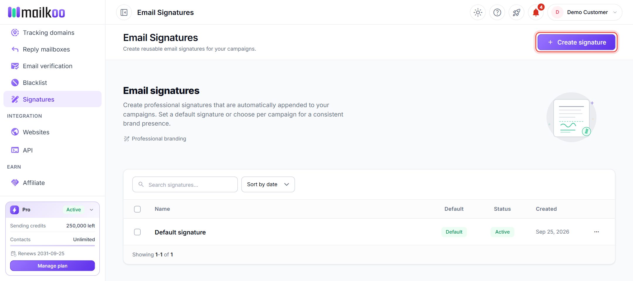Email Signatures page with the Create signature button ringed