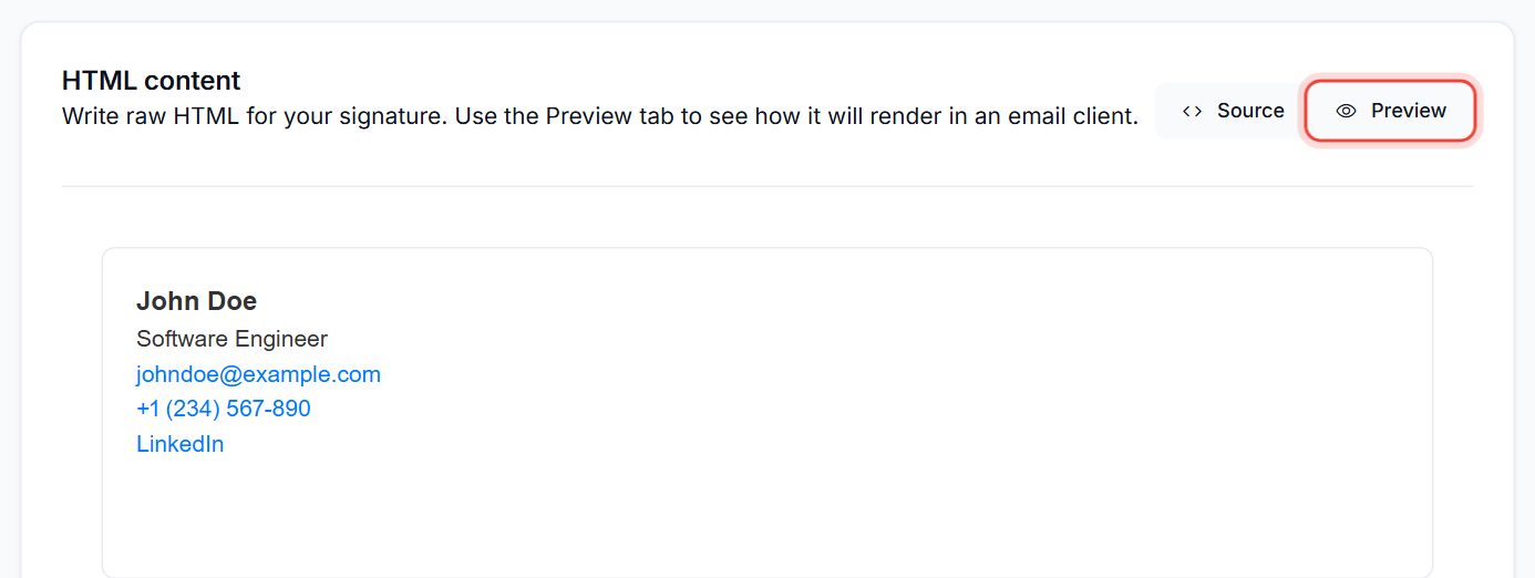 HTML content card on the Preview tab showing the rendered signature