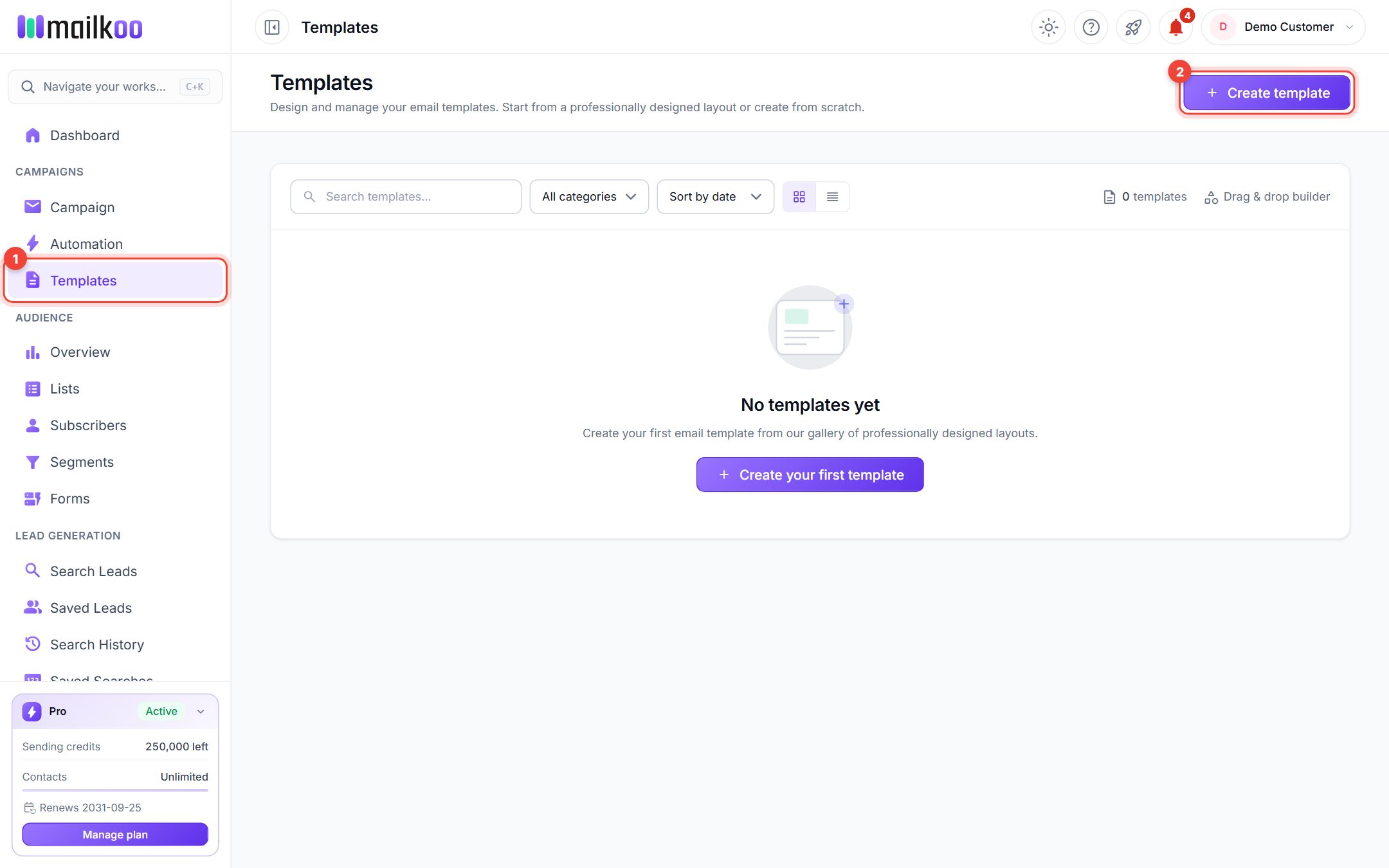 Templates page with the Templates menu item and the Create template button highlighted