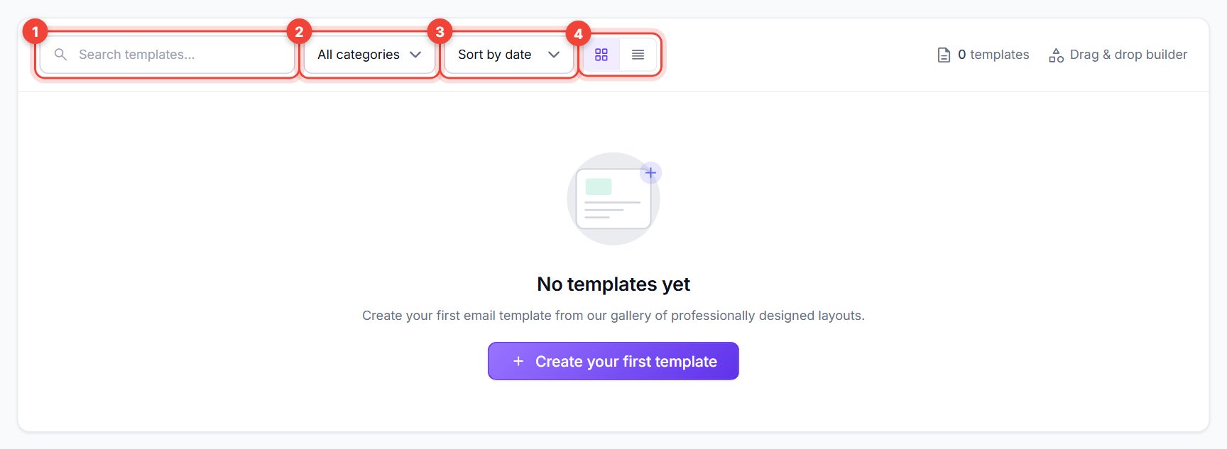 Template search box, category filter, sort menu and grid/list view buttons
