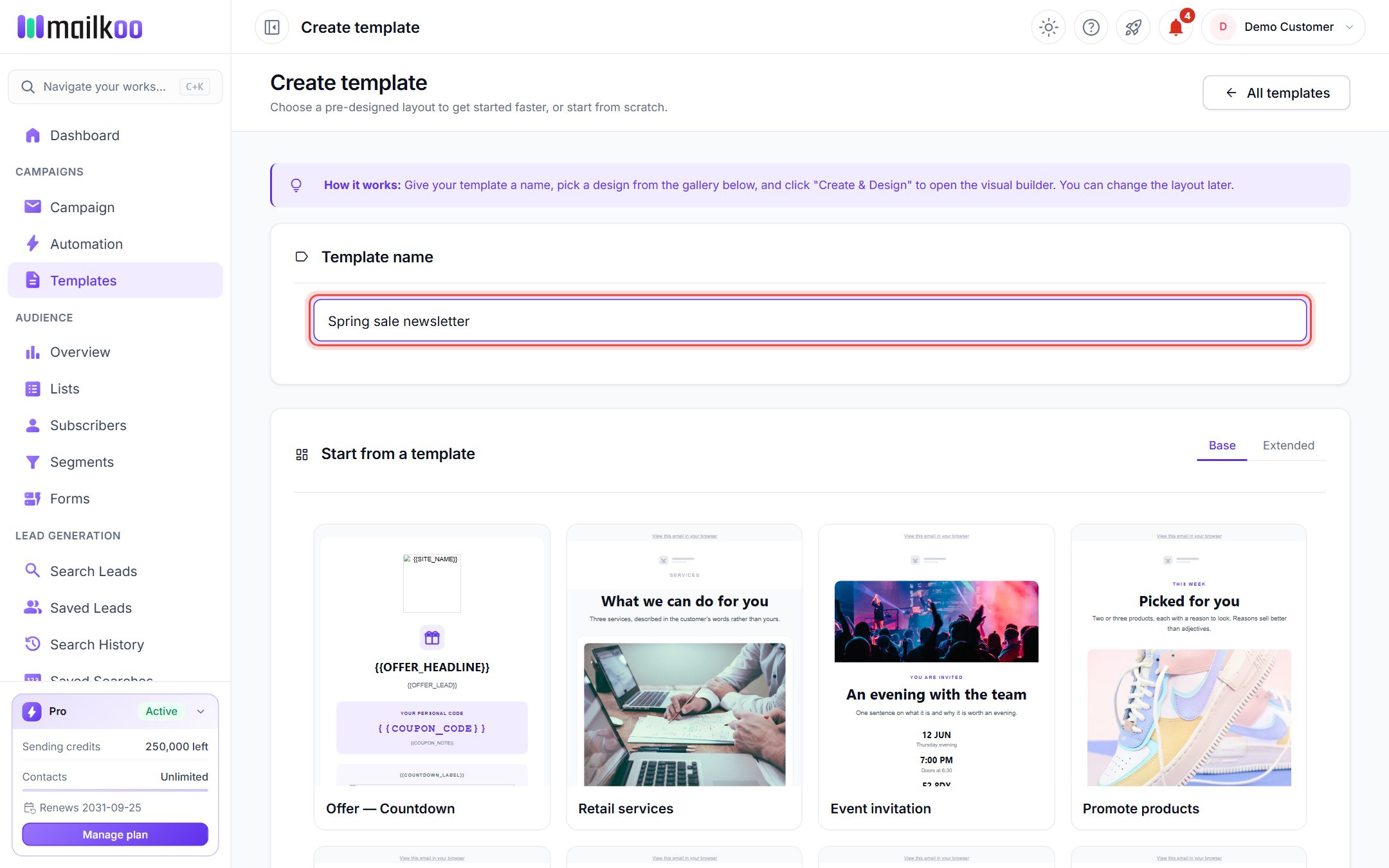 Create template page with the Template name field filled in