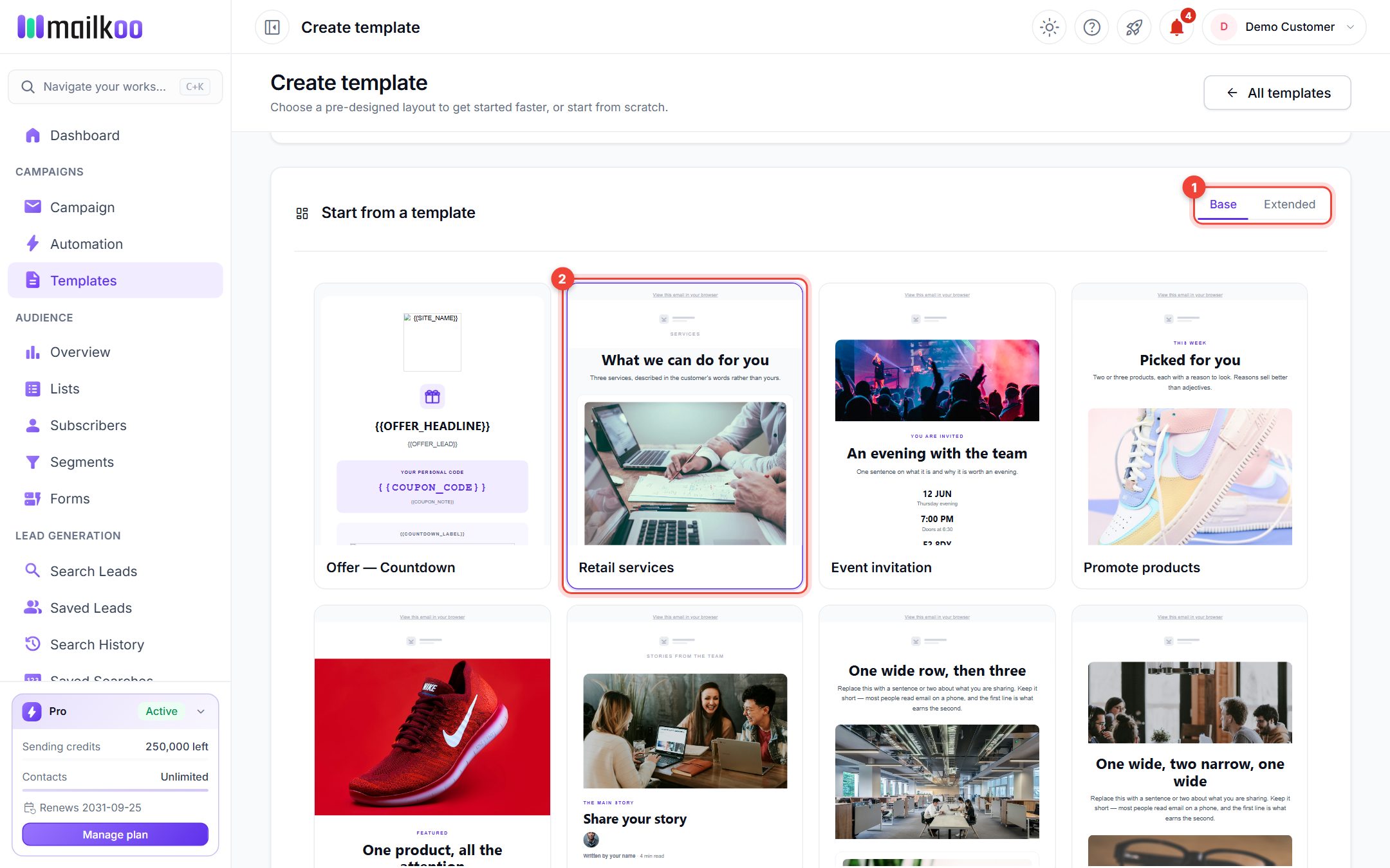Start from a template gallery with the Base and Extended tabs and a selected design