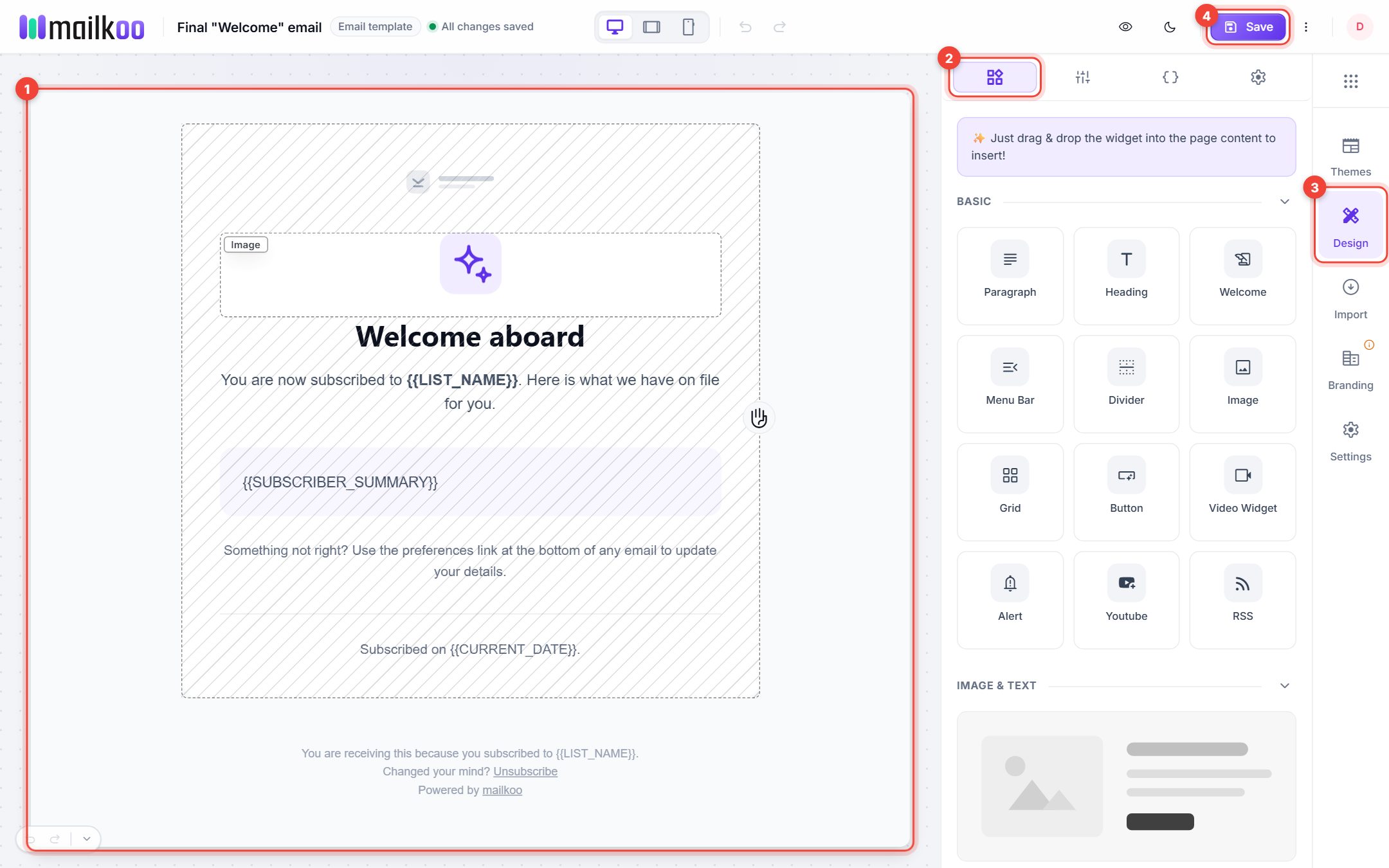 Email builder with the canvas, widgets tab, side menu and Save button numbered