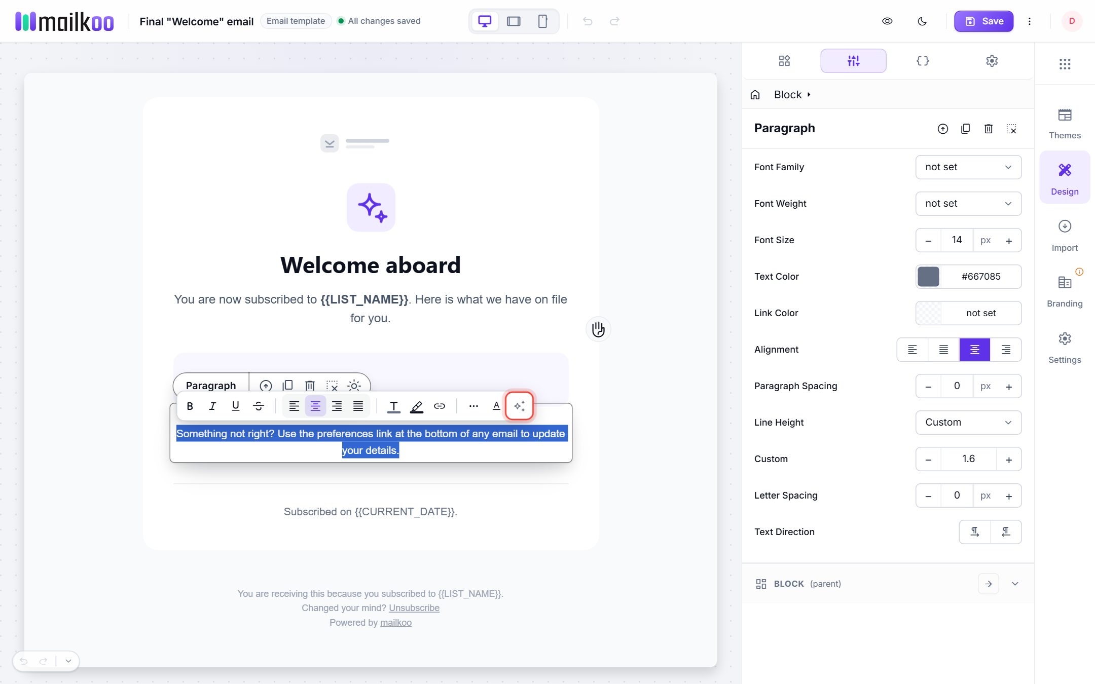 Text editing toolbar above a selected paragraph with the AI rewrite button highlighted