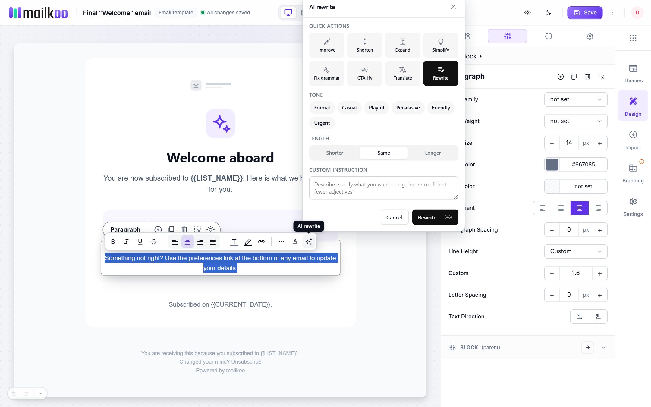 AI rewrite panel with quick actions, tone, length and custom instruction
