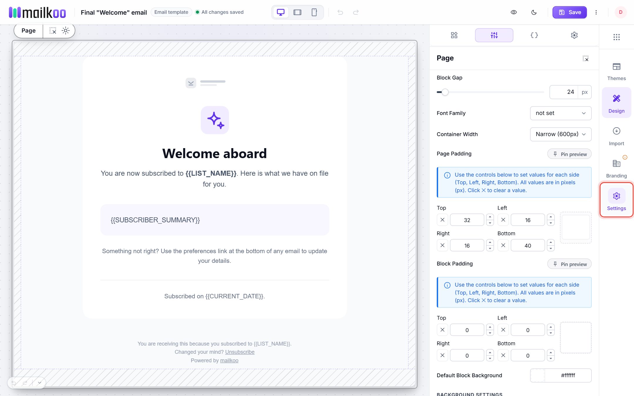Page settings with block gap, font family, container width and padding