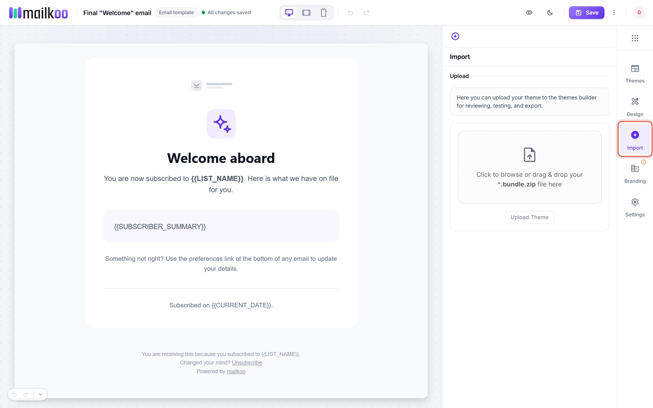Import panel with the upload area for a .bundle.zip theme file