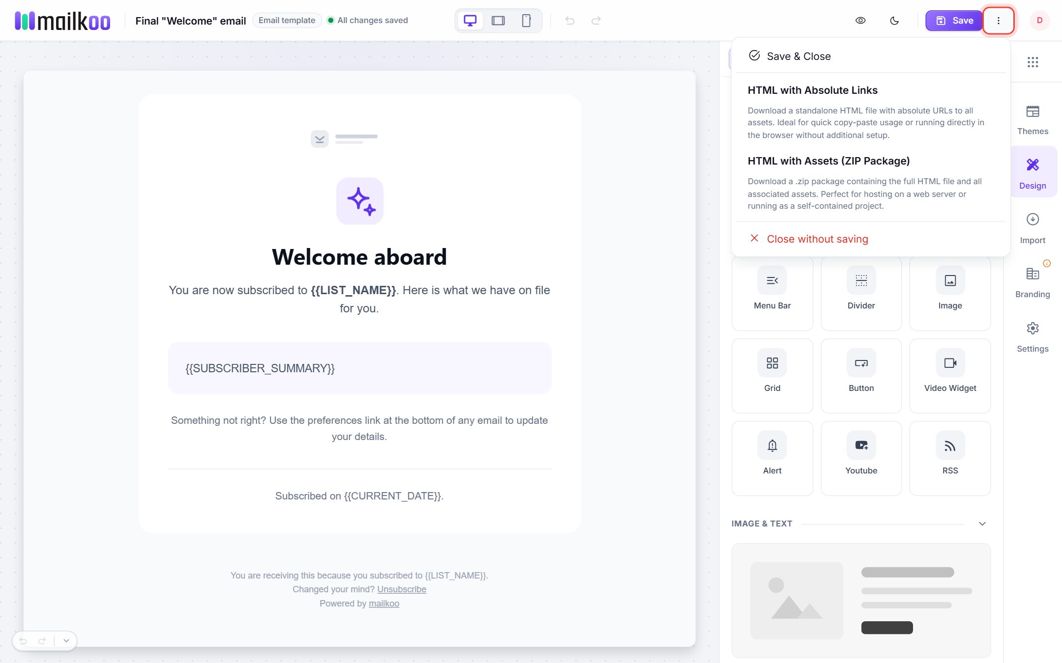 More actions menu with Save & Close, the two HTML downloads and Close without saving