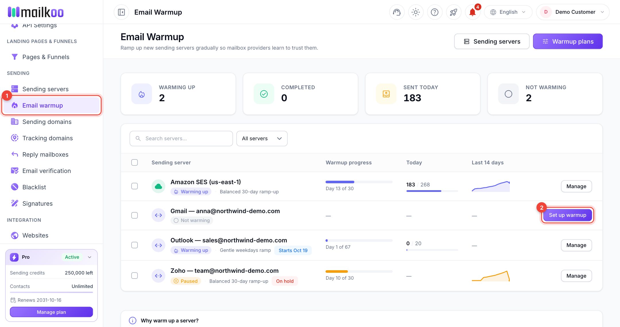 Email Warmup page listing four sending servers in different warmup states, with the sidebar item and Set up warmup ringed