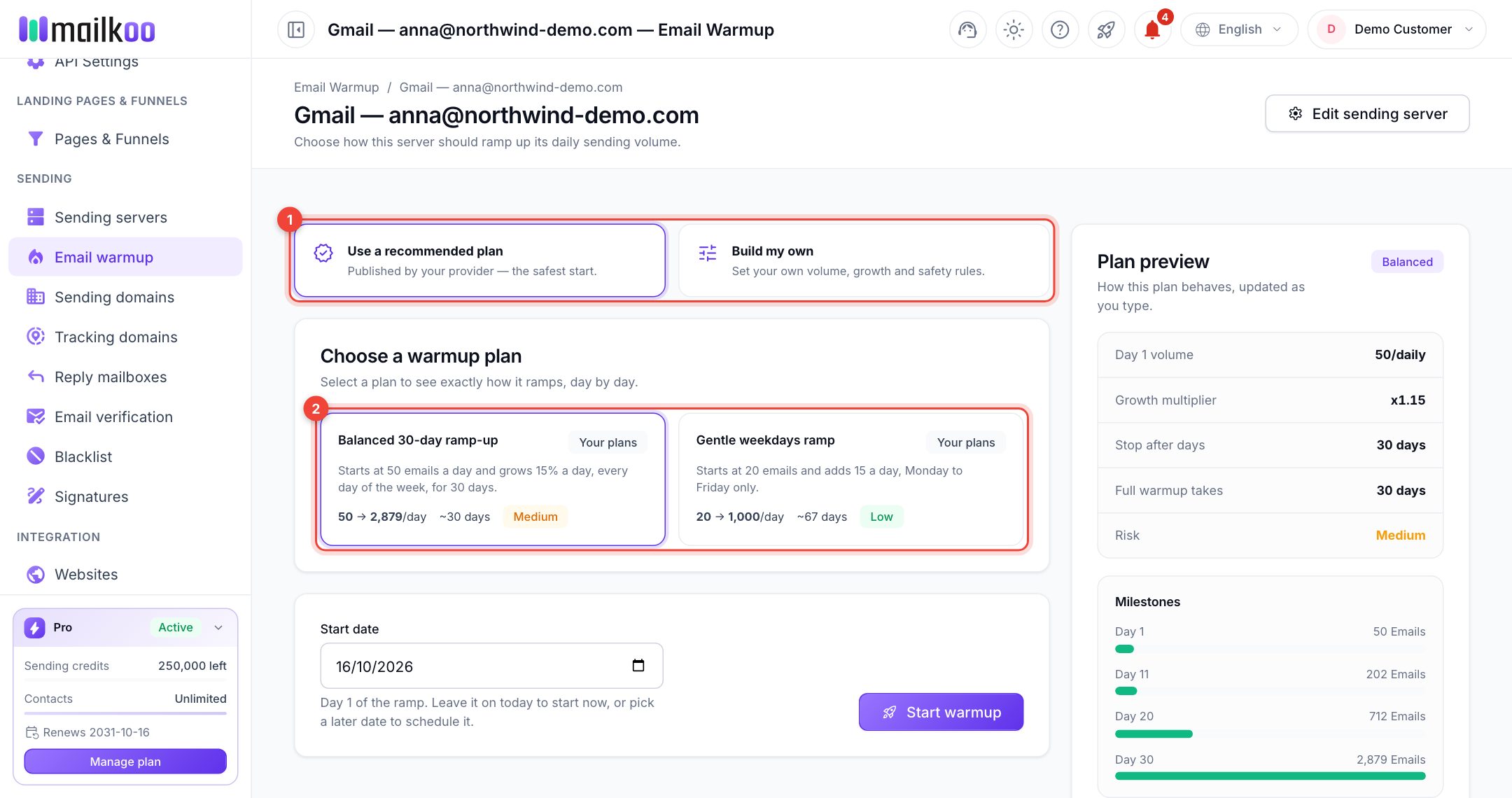 Warmup setup page for a Gmail mailbox with the plan type switch and the plan cards ringed