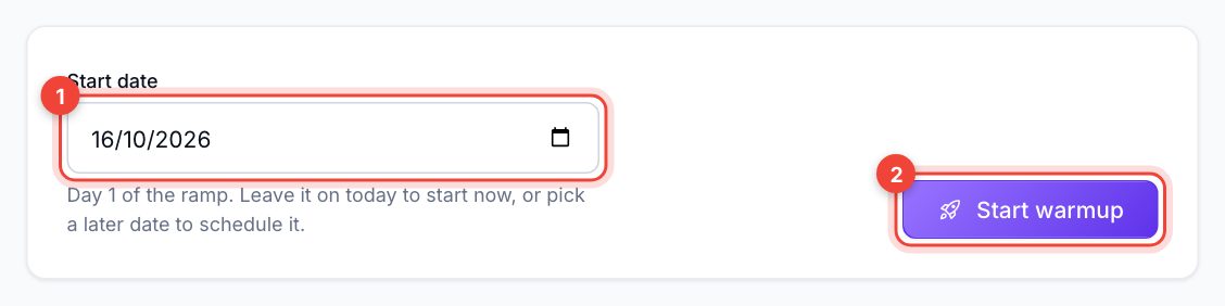 Start date field and Start warmup button, both ringed