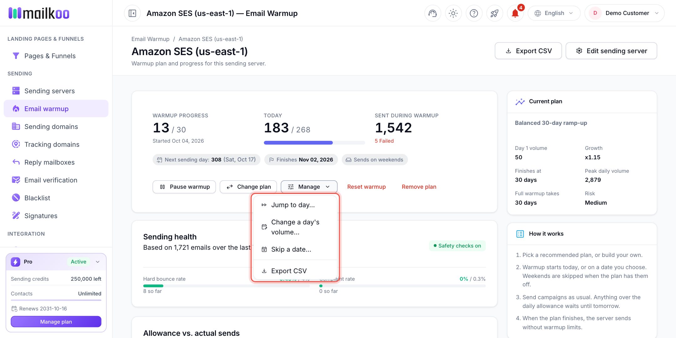 Manage menu open with Jump to day, Change a day's volume, Skip a date and Export CSV