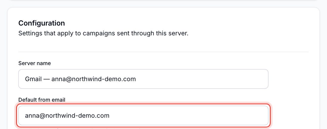 Sending server configuration with the Default from email field ringed