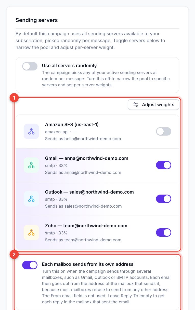 Sending servers card with three mailboxes switched on and Each mailbox sends from its own address switched on