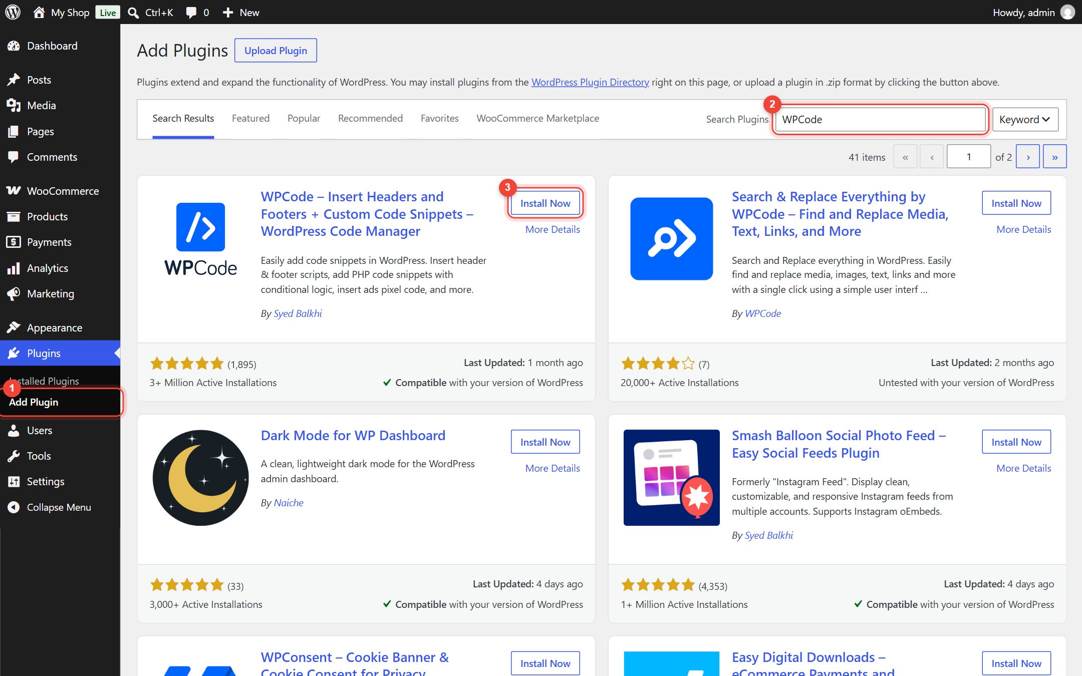 WordPress Add Plugins page with WPCode in the search results and its Install Now button highlighted
