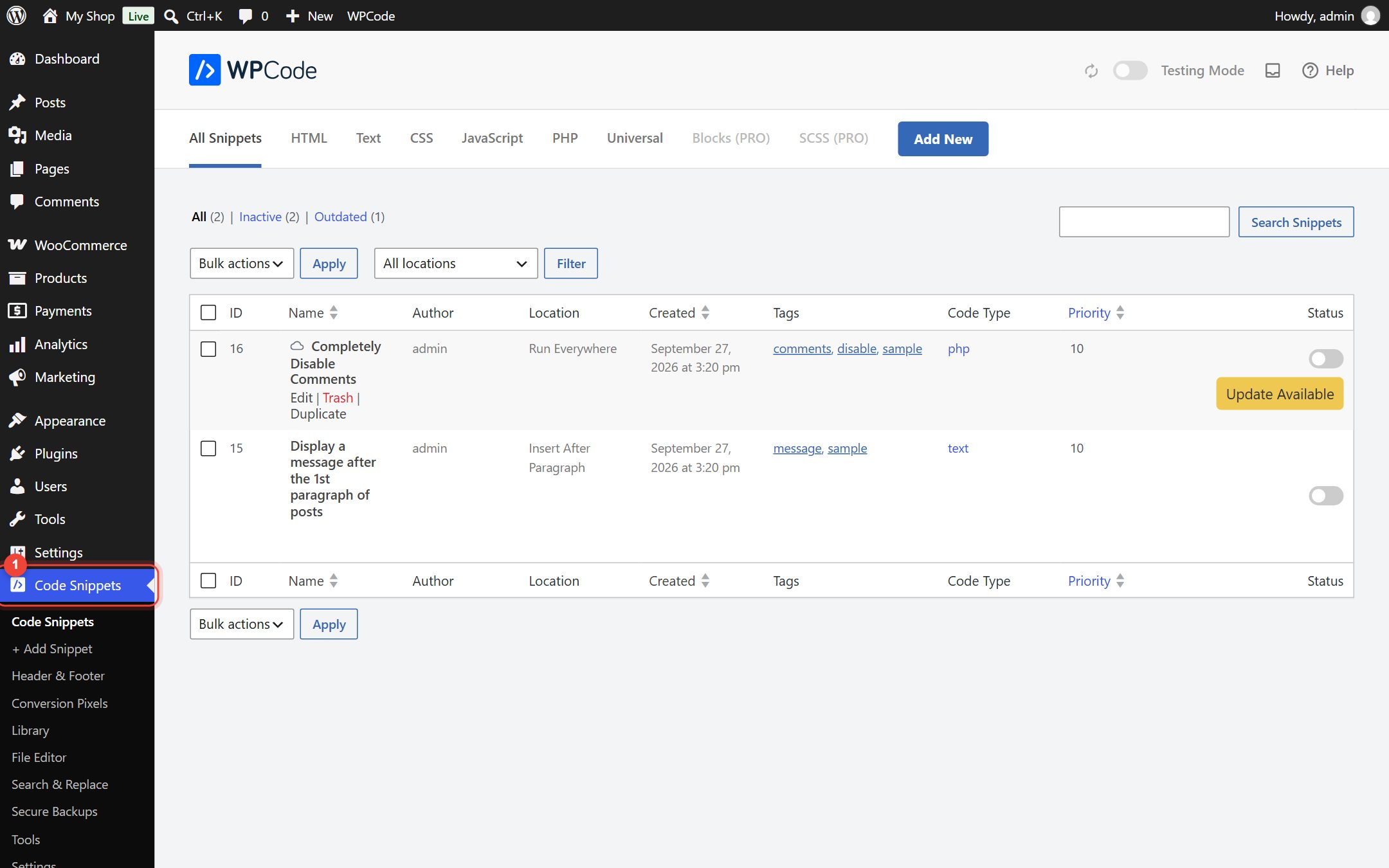 WordPress sidebar with the new Code Snippets menu open, showing Header & Footer and + Add Snippet