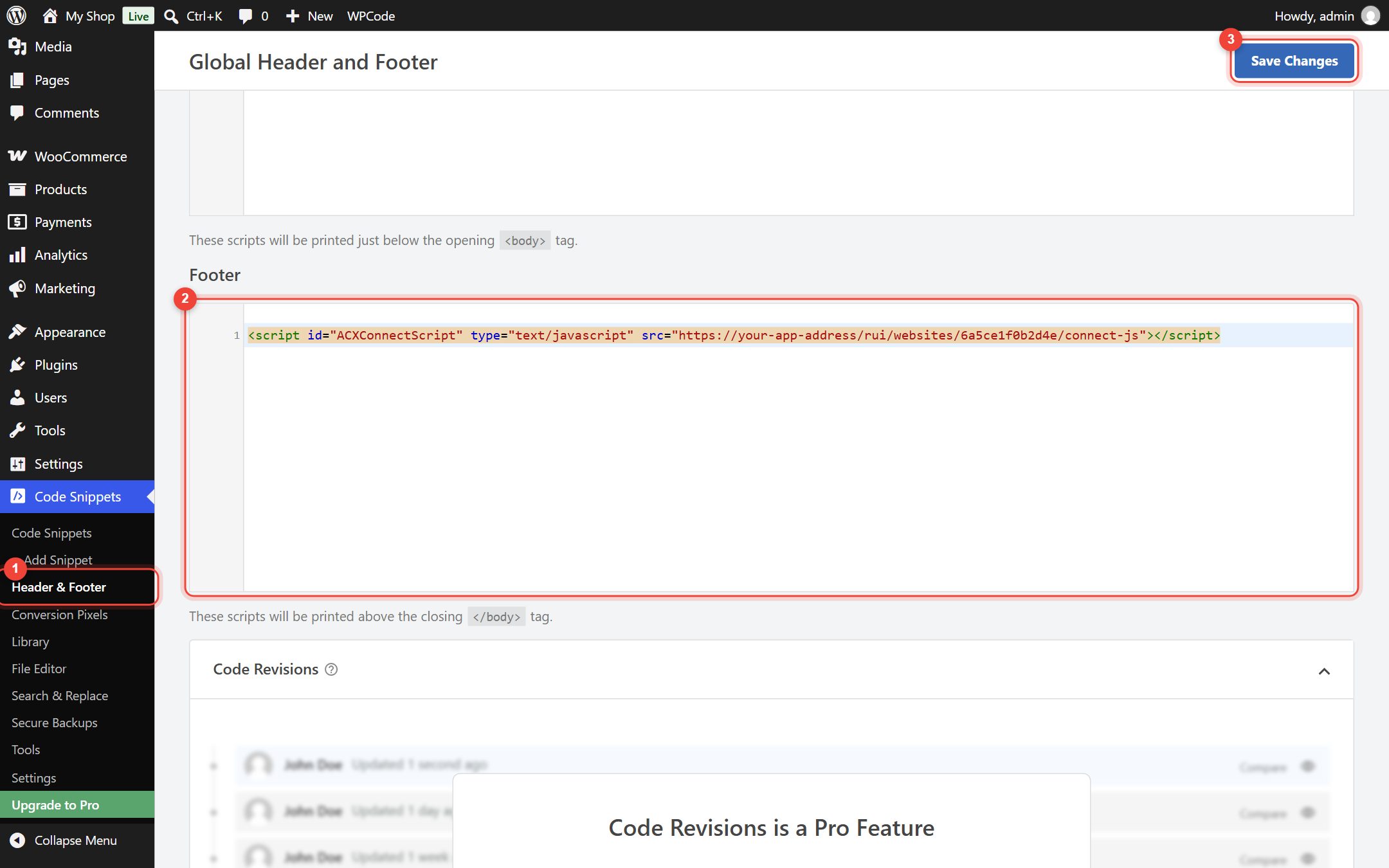 WPCode Header & Footer page with the tracking code pasted in the Footer box and Save Changes highlighted