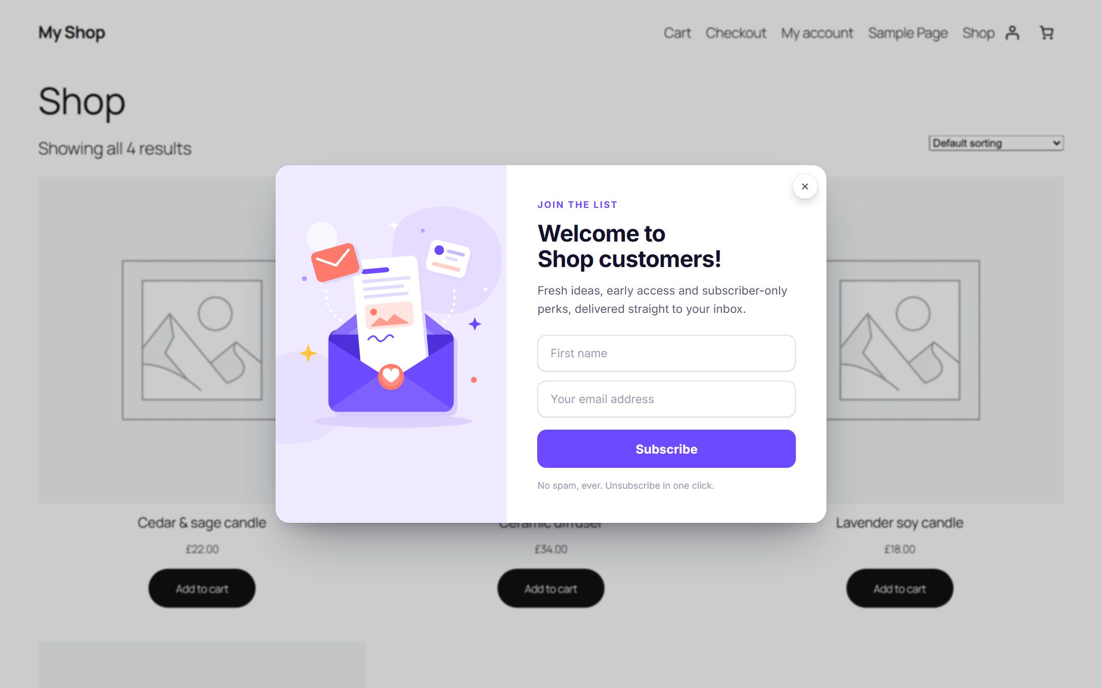 A WordPress shop page with a sign-up pop-up form from the account showing on top