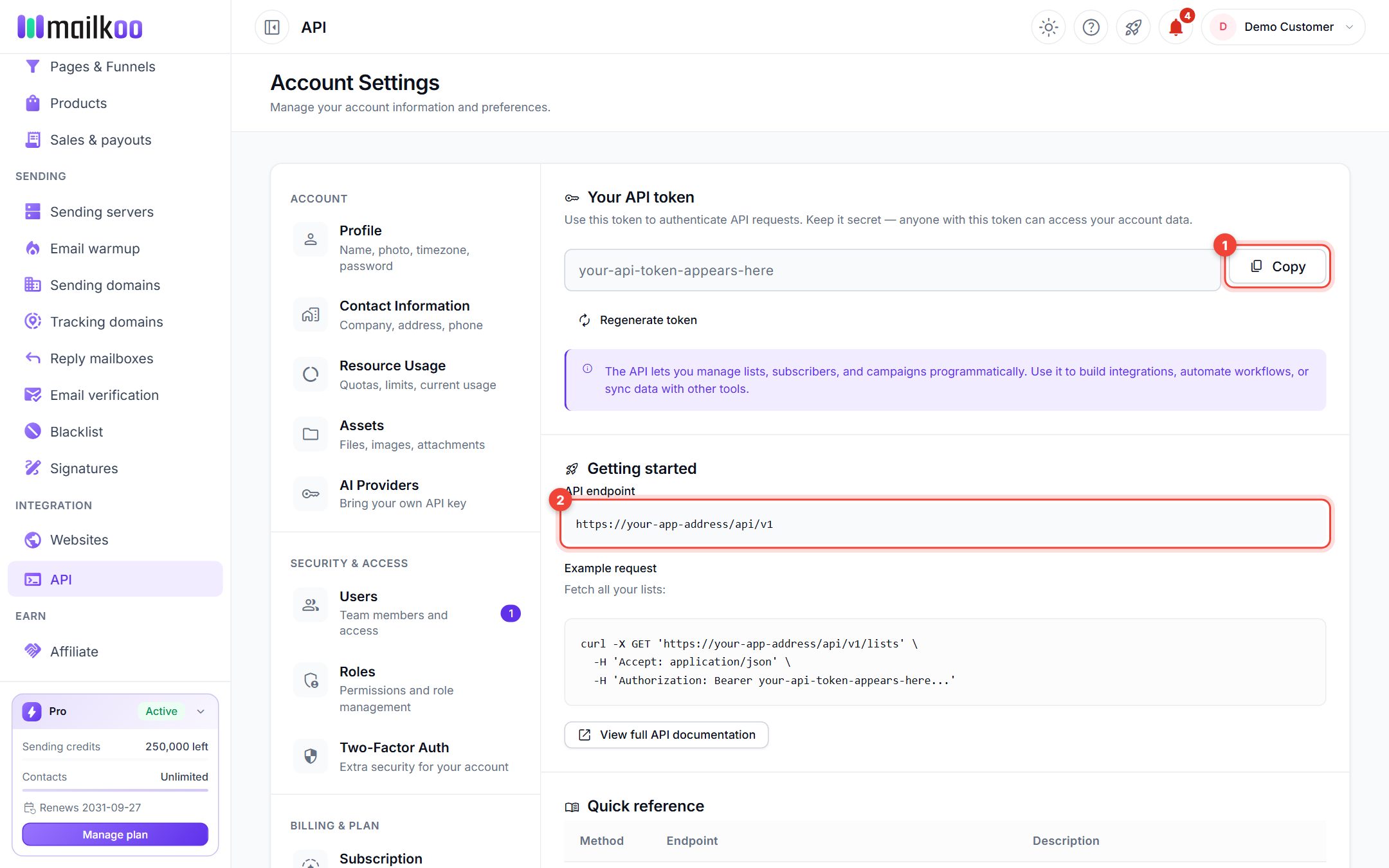 API page with the token Copy button and the API endpoint highlighted; the token is hidden