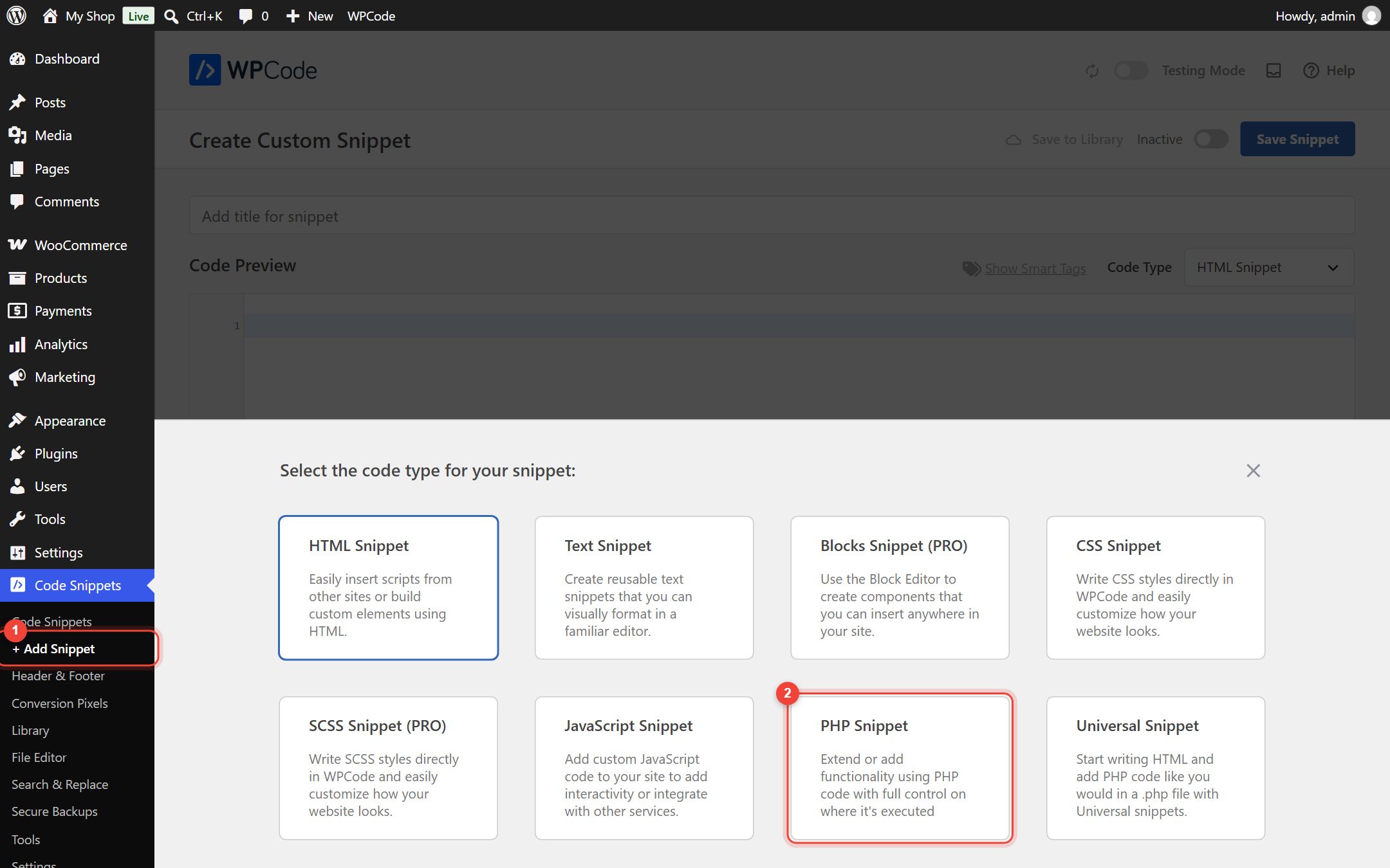 WPCode Create Custom Snippet page with the code type picker open and PHP Snippet highlighted