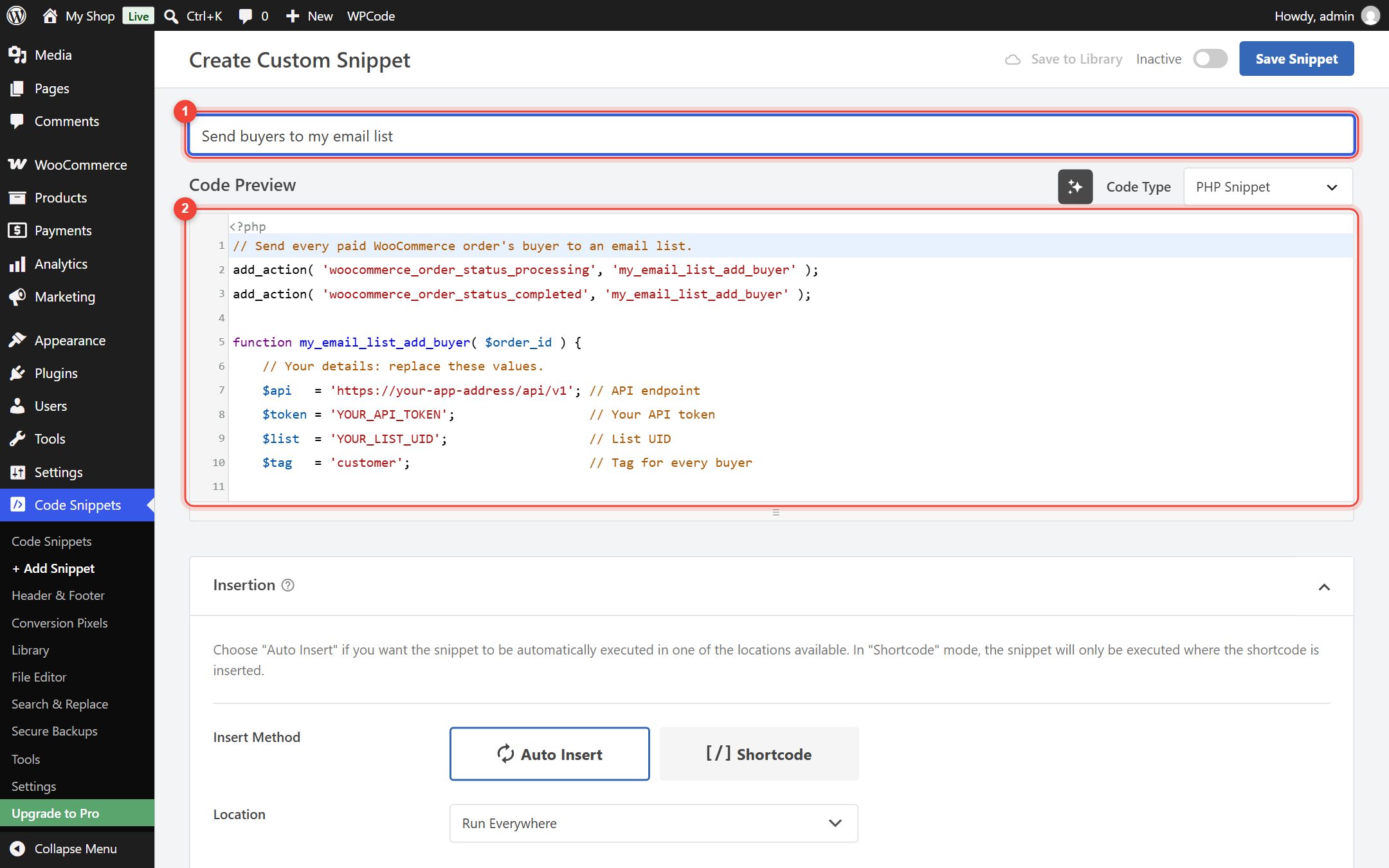 WPCode Create Custom Snippet page with a title, the PHP Snippet code type and the code pasted into Code Preview